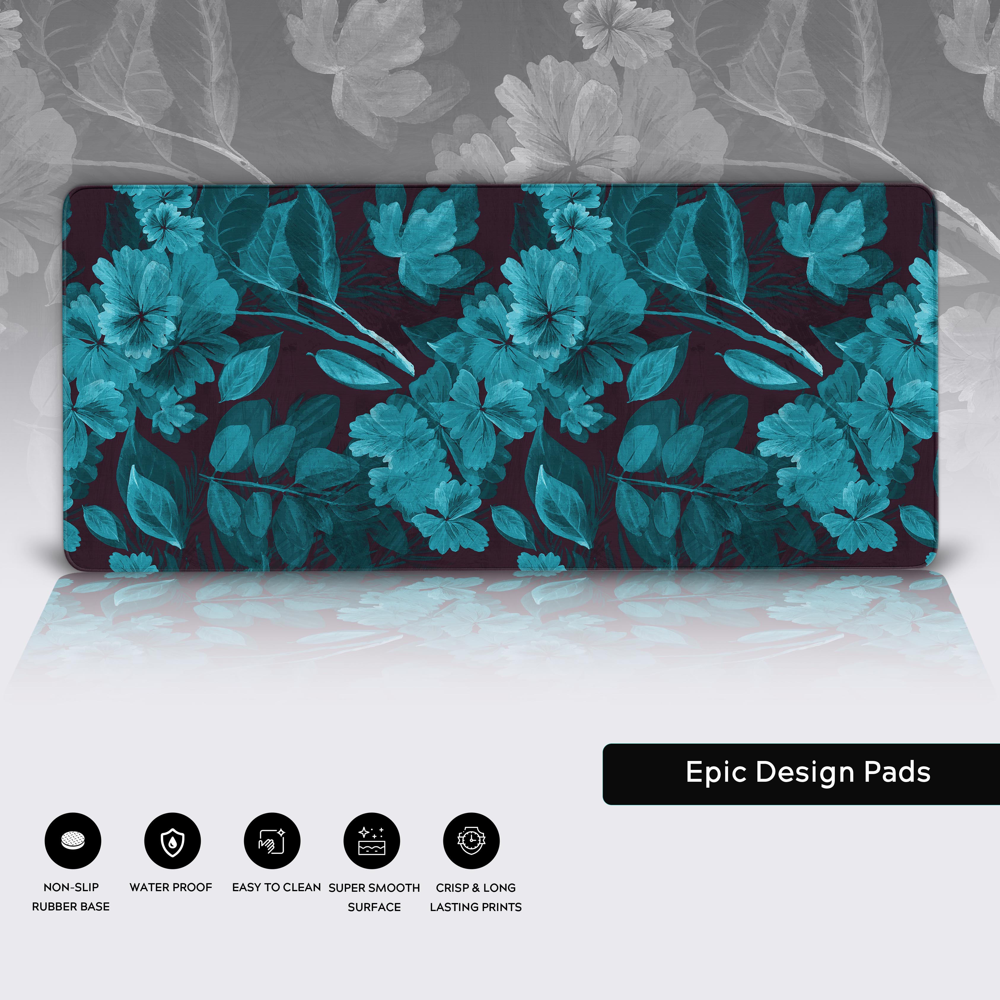 Close-up of the Azure Bloom floral desk mat highlighting the durable stitched edges and non-slip rubber base. - Epic Design Pads & Mousepads