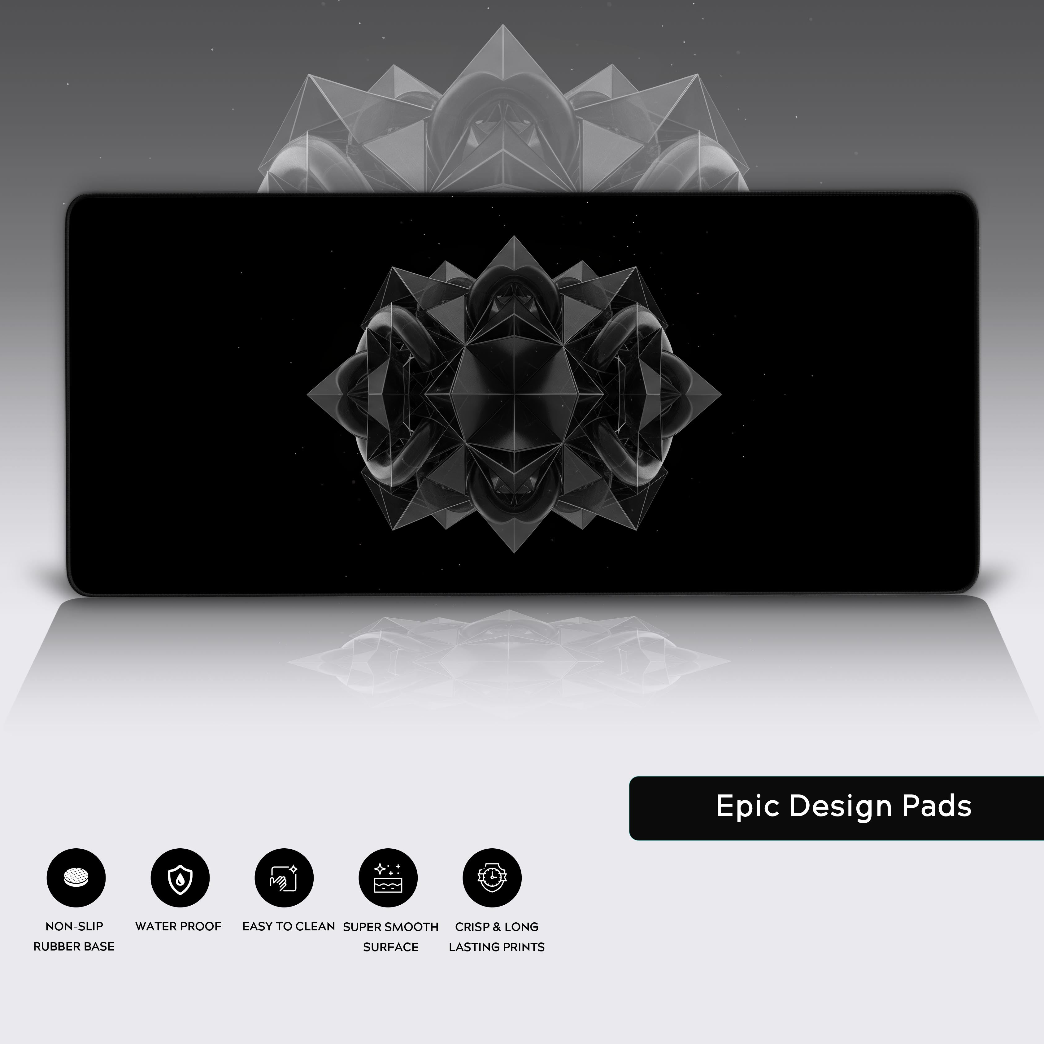 Close-up of the Void Core abstract desk mat, highlighting its smooth, water-resistant surface, durable stitched edges, and non-slip rubber base. - Epic Design Pads & Mousepads