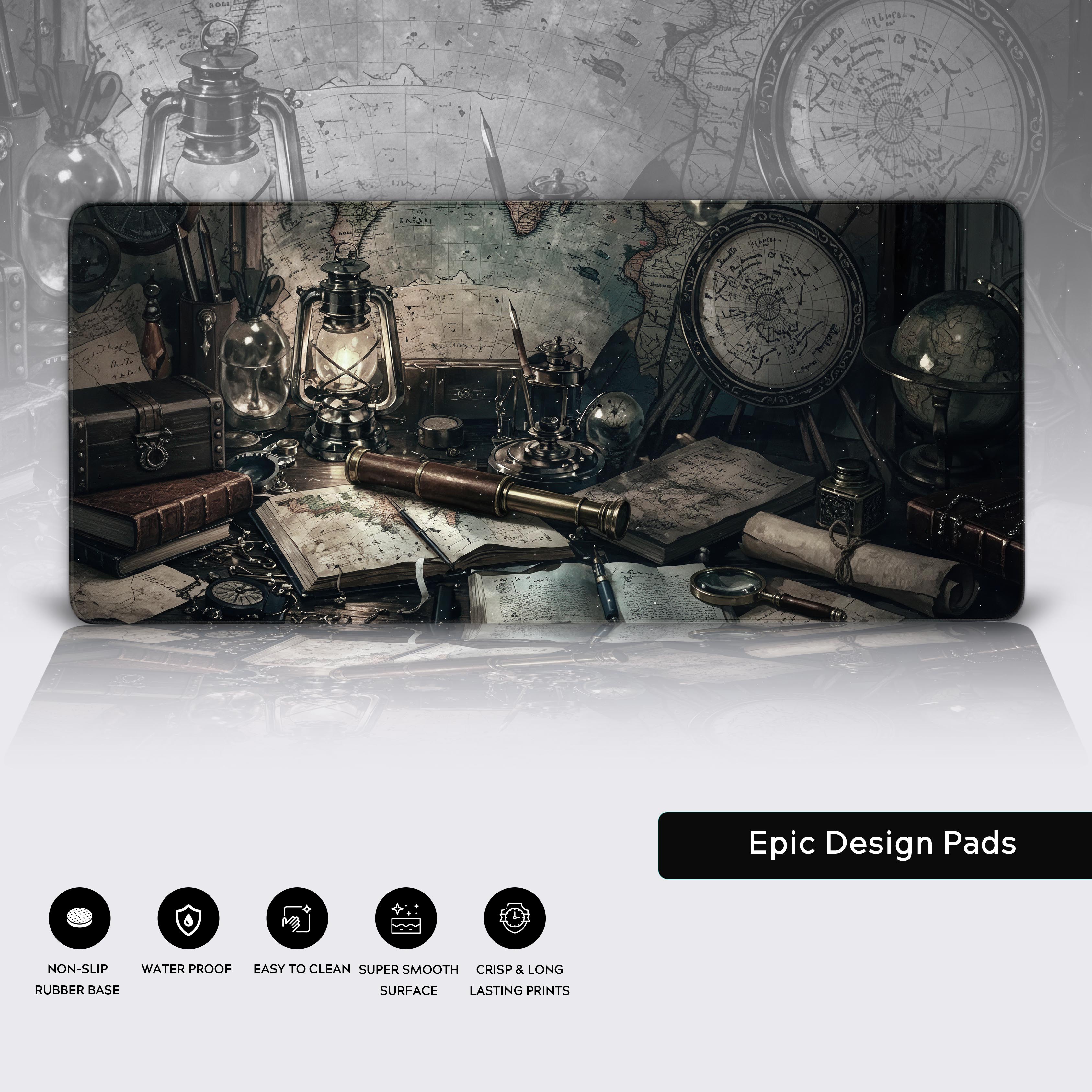 Close-up of the Scholar's Desk dark academia desk mat, highlighting the detailed print, premium stitched edges, and non-slip rubber base. - Epic Design Pads & Mousepads