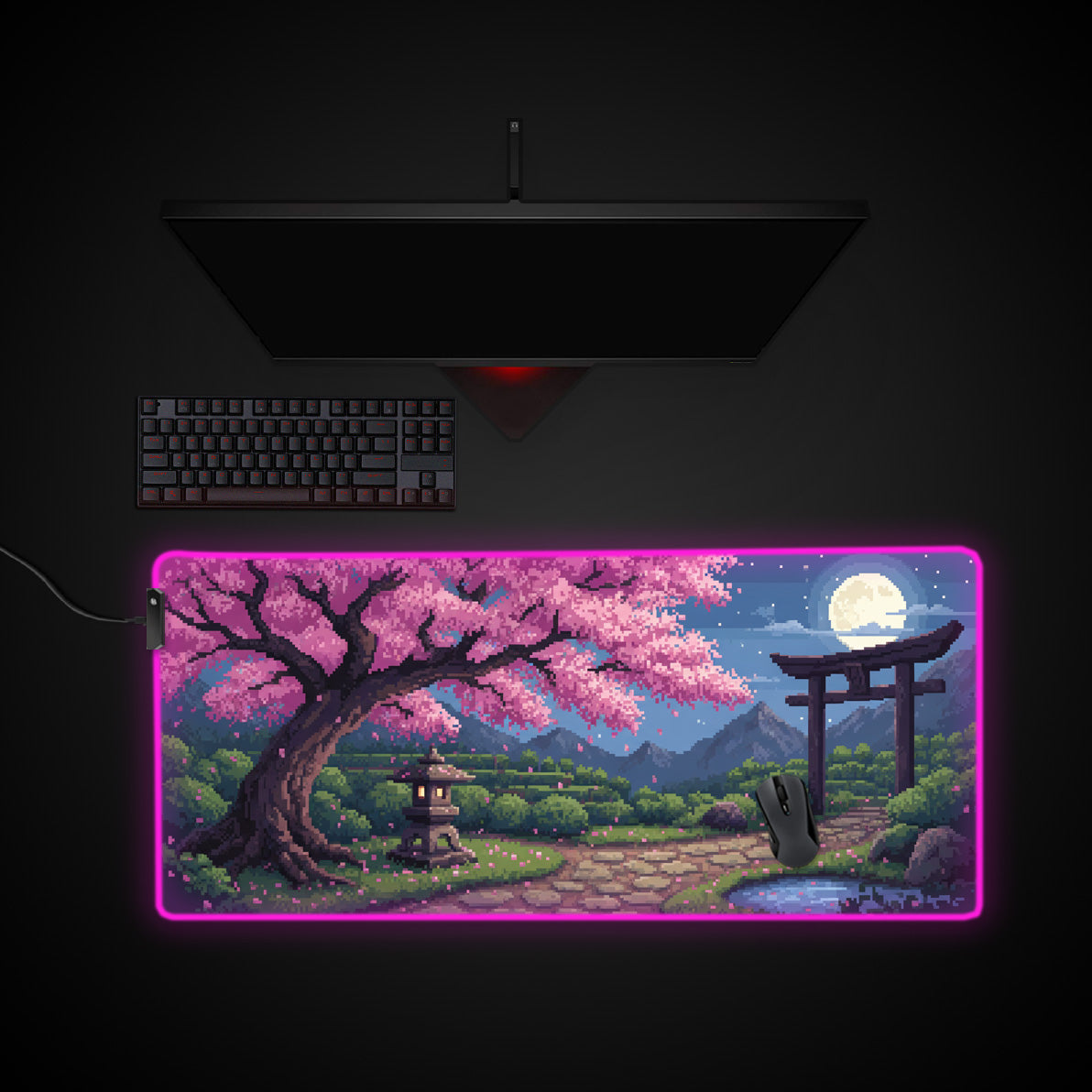 Pixel Sakura desk mat with RGB edge lighting