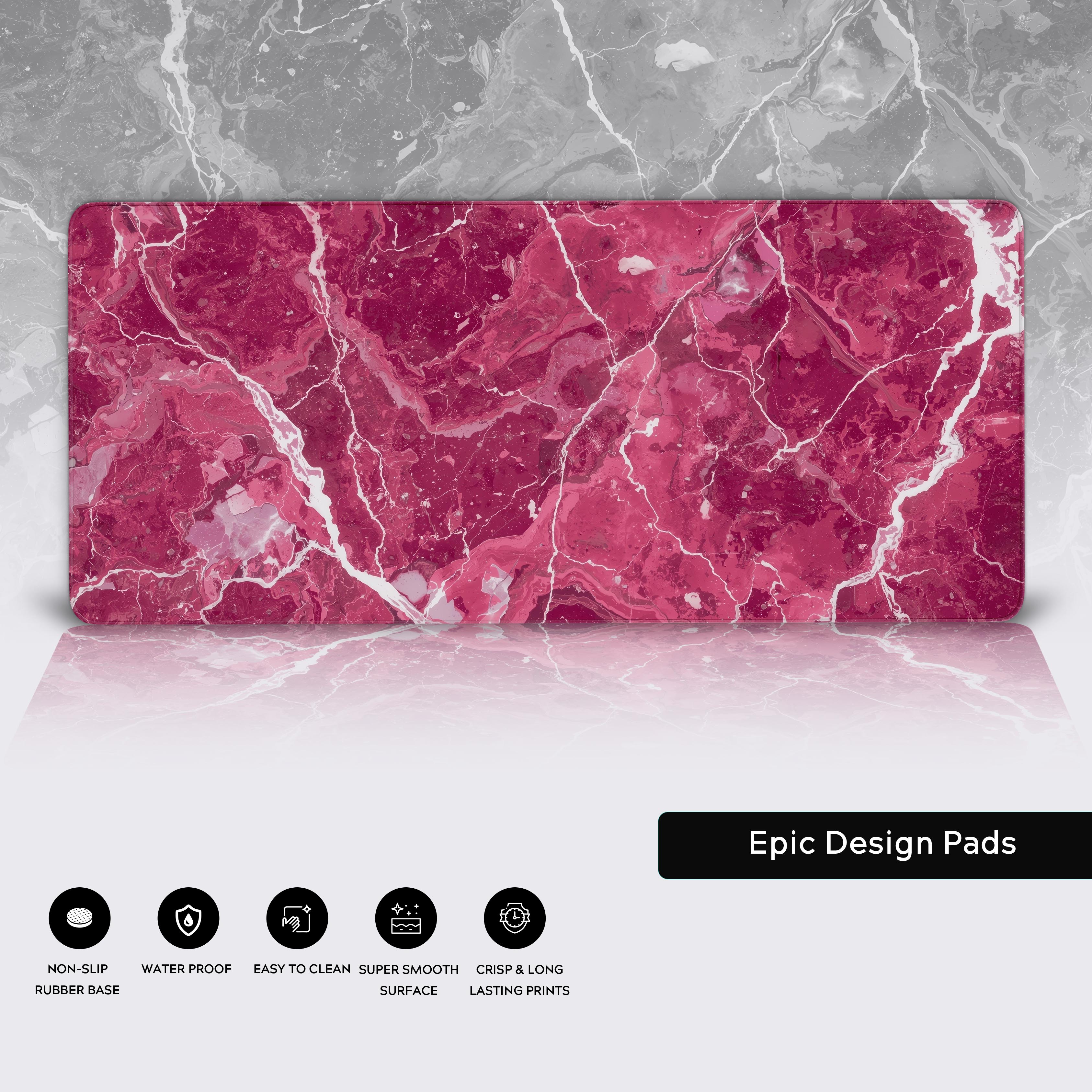 A close-up of the rose quartz pink desk mat, highlighting the quality stitched edges and the non-slip rubber base. - Epic Design Pads & Mousepads