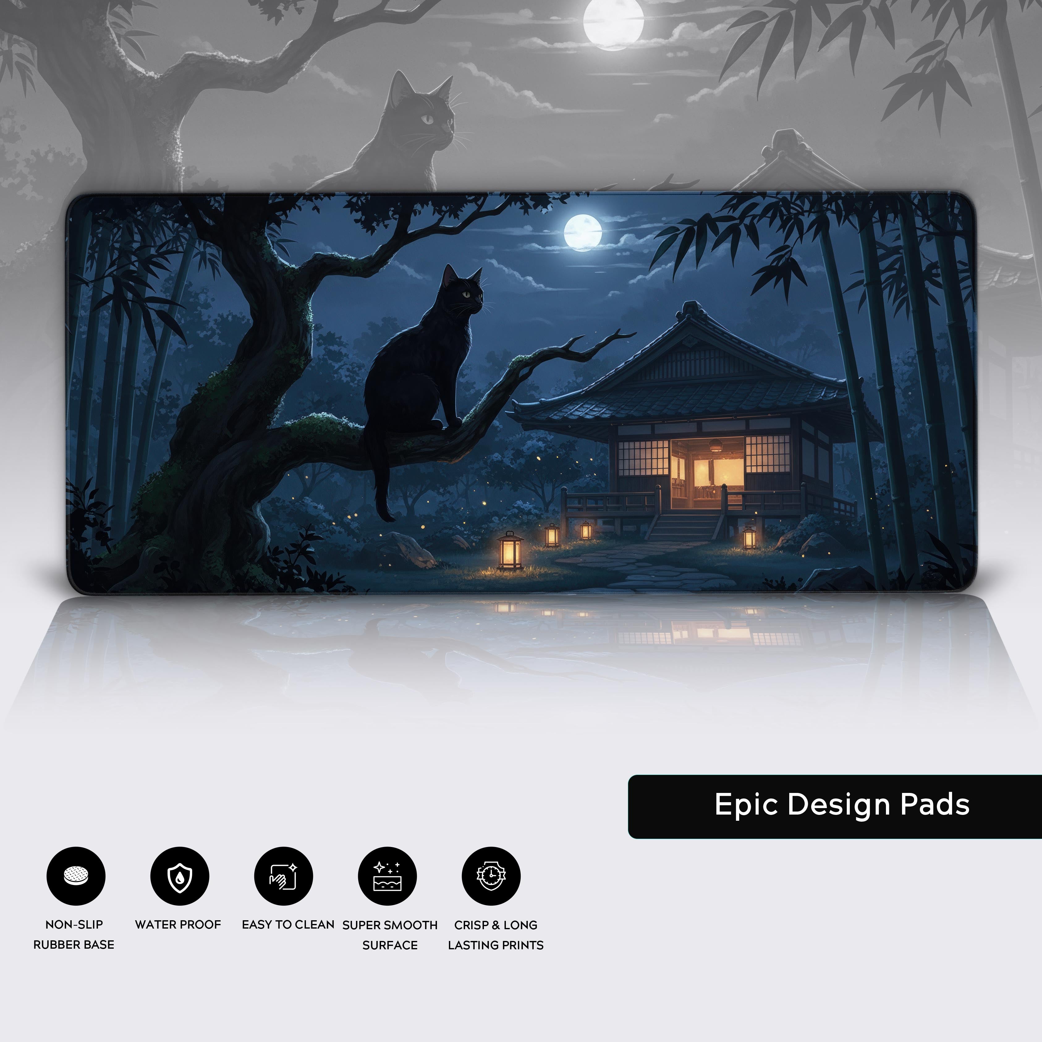 Moonlit Watcher anime desk mat highlighting the high-quality stitched edges, water-resistant surface, and non-slip rubber base. - Epic Design Pads & Mousepads