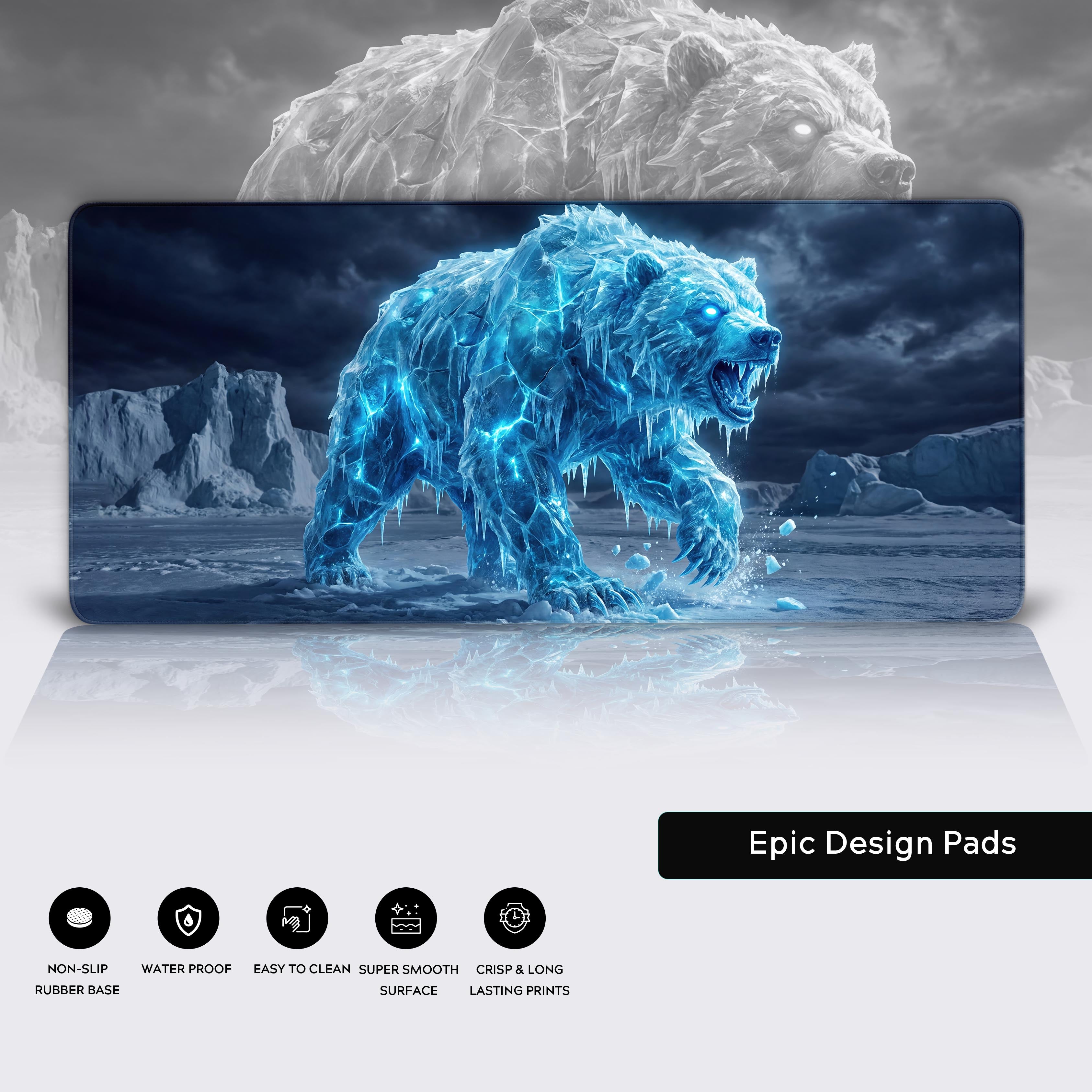 Glacial Beast gaming desk mat showcasing its durable stitched edges, non-slip rubber base, and water-resistant surface. - Epic Design Pads & Mousepads