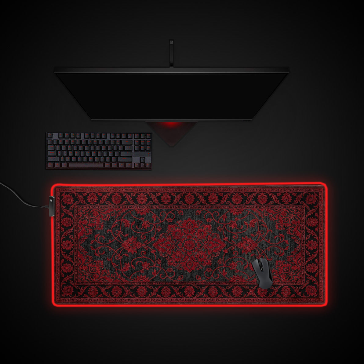 Crimson Persian desk mat with RGB edge lighting