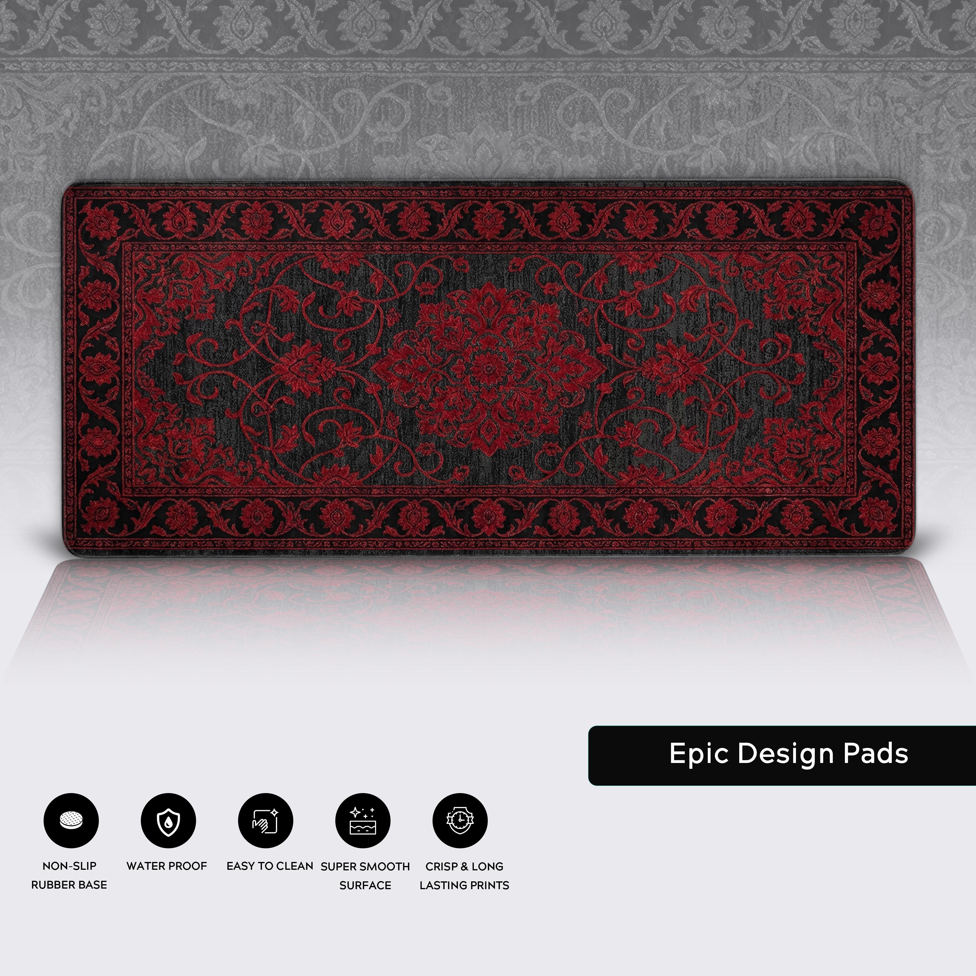 Close-up of the Crimson Persian rug desk mat highlighting its high-quality stitched edges, water-resistant surface, and non-slip rubber base. - Epic Design Pads & Mousepads