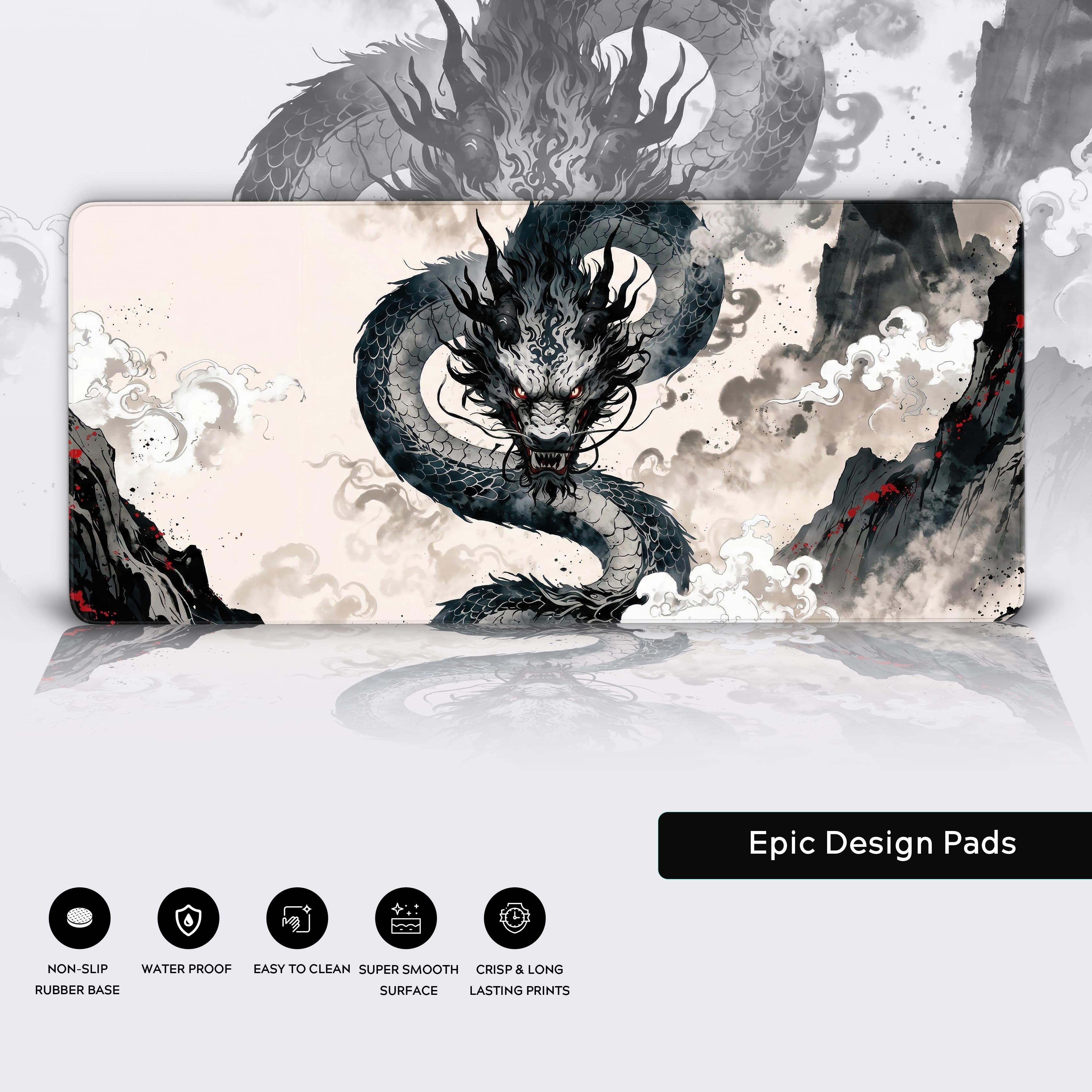 A close-up of the Mythic Guardian dragon desk mat highlighting the detailed artwork, premium stitched edges, and smooth, water-resistant surface. - Epic Design Pads & Mousepads