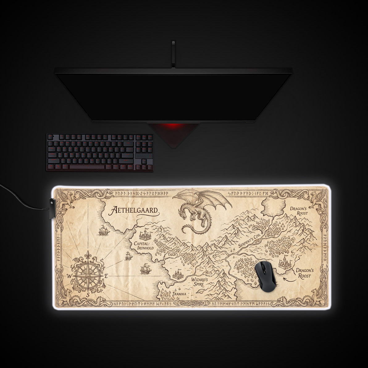Fantasy Atlas desk mat with RGB edge lighting