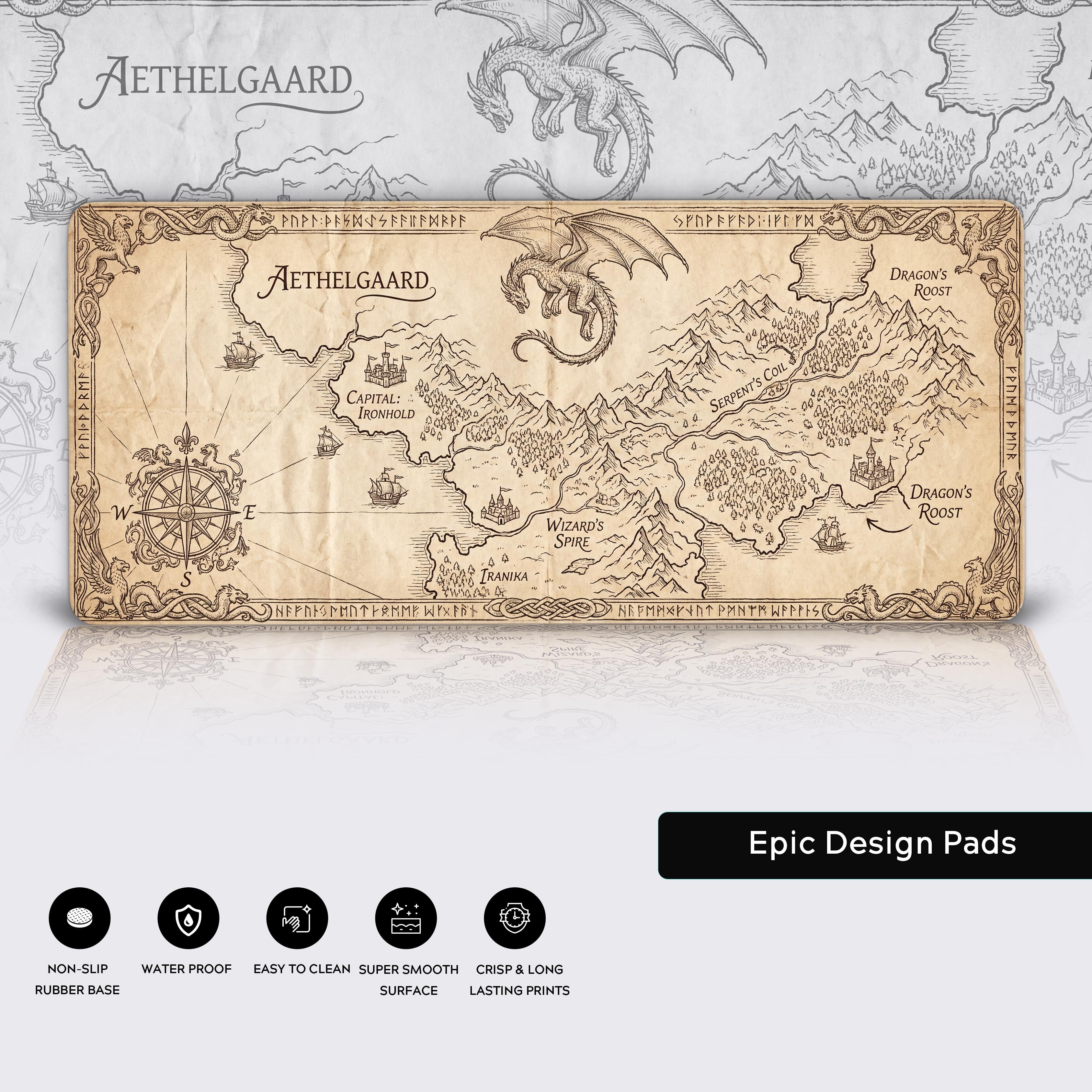 Close-up of the Fantasy Atlas map desk mat showcasing the high-quality stitched edges and non-slip rubber base. - Epic Design Pads & Mousepads