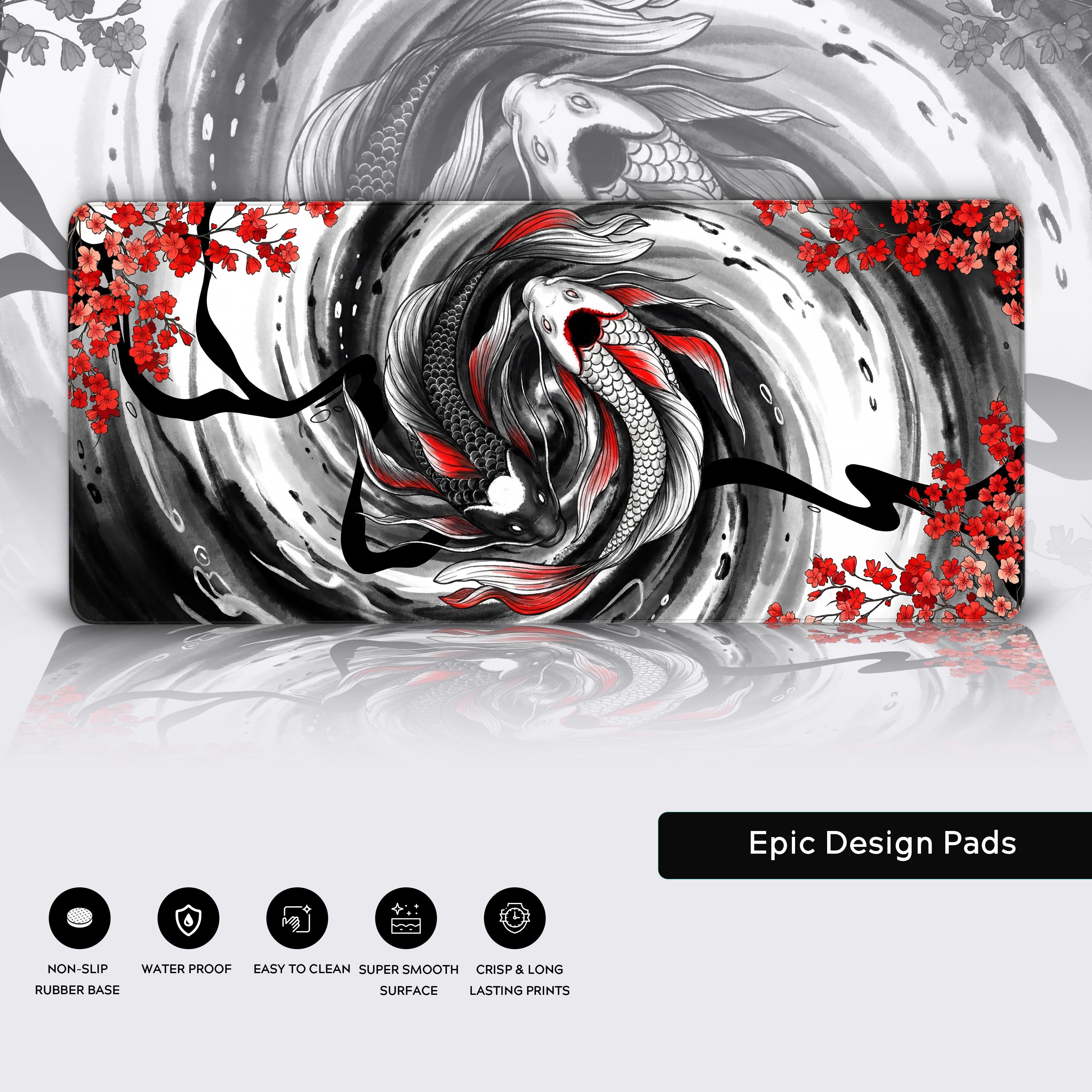 Close-up of the Yin Yang koi fish keyboard mat, highlighting the durable stitched edges and the textured, non-slip rubber base for stability. - Epic Design Pads & Mousepads