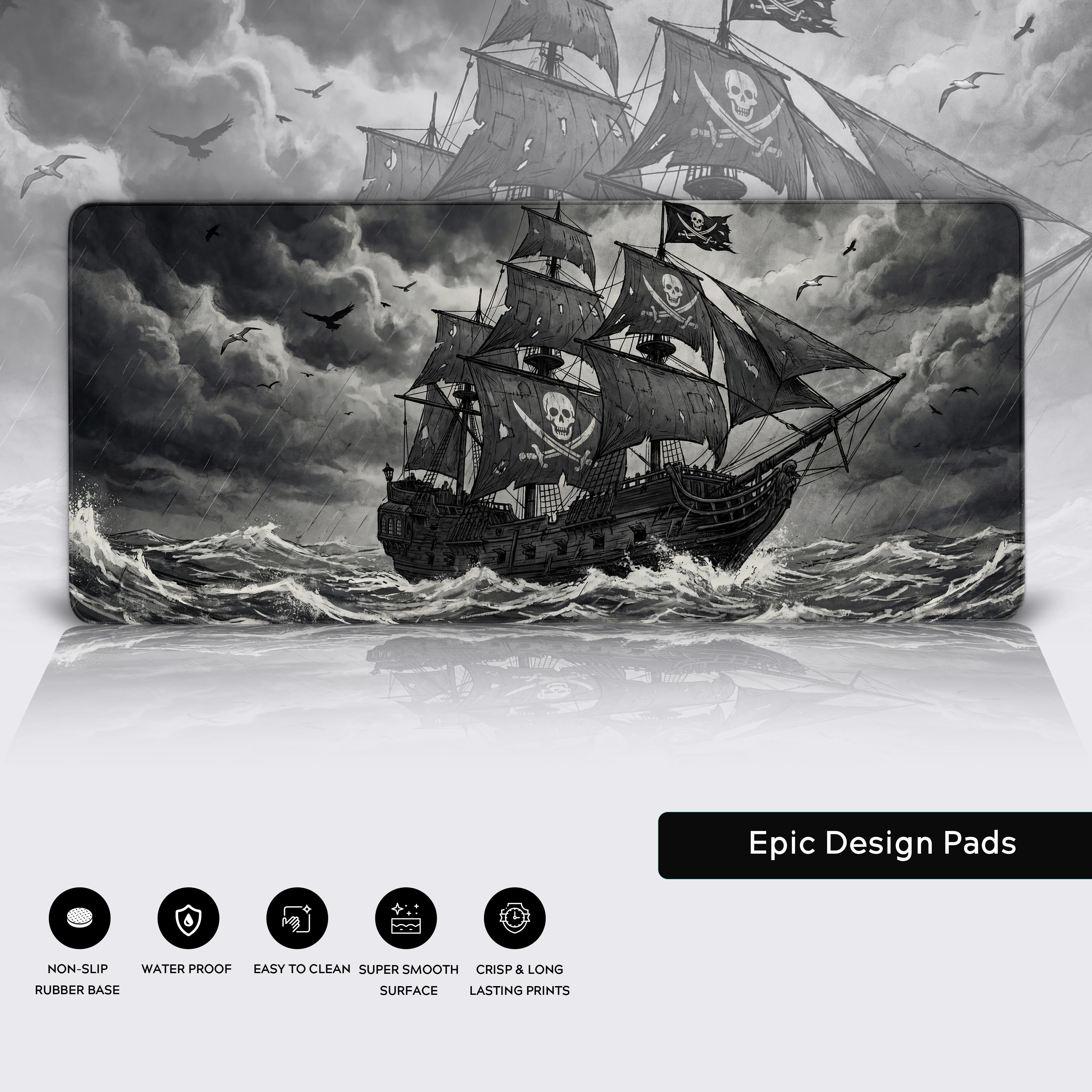 Close-up of the Ghost Ship pirate desk mat, showcasing its premium features: durable stitched edges, a non-slip rubber base, and a smooth, water-resistant surface. - Epic Design Pads & Mousepads