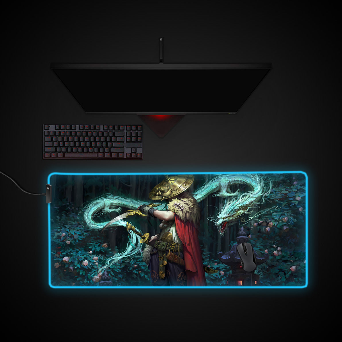 Dragon Samurai Desk Pad desk mat with RGB edge lighting