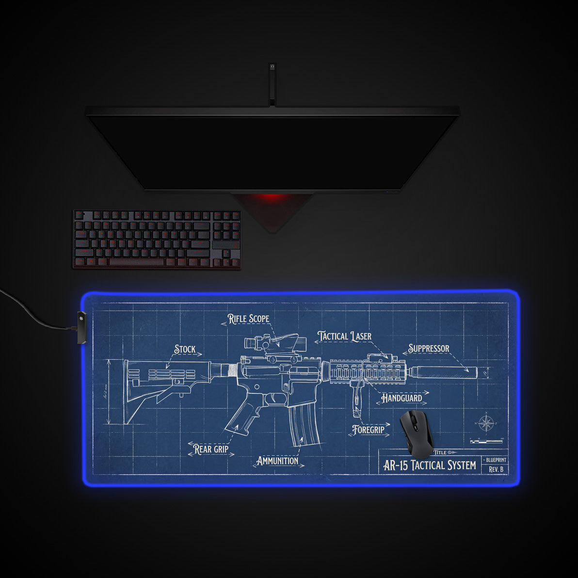 Tactical Blueprint desk mat with RGB edge lighting