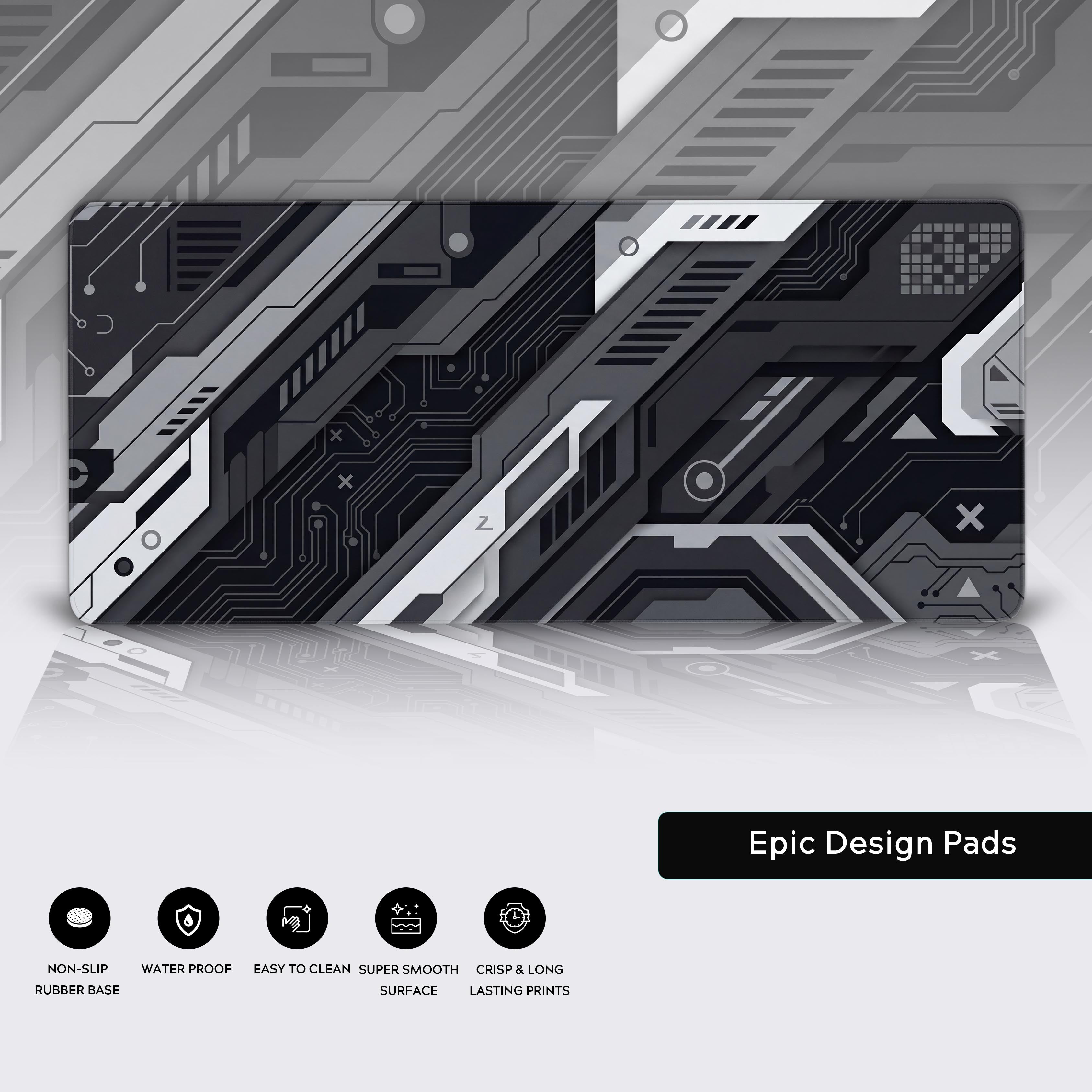 Close-up of the Cyber Circuit cyberpunk desk mat, showing the high-quality stitched edges and smooth, water-resistant surface with a non-slip rubber base. - Epic Design Pads & Mousepads