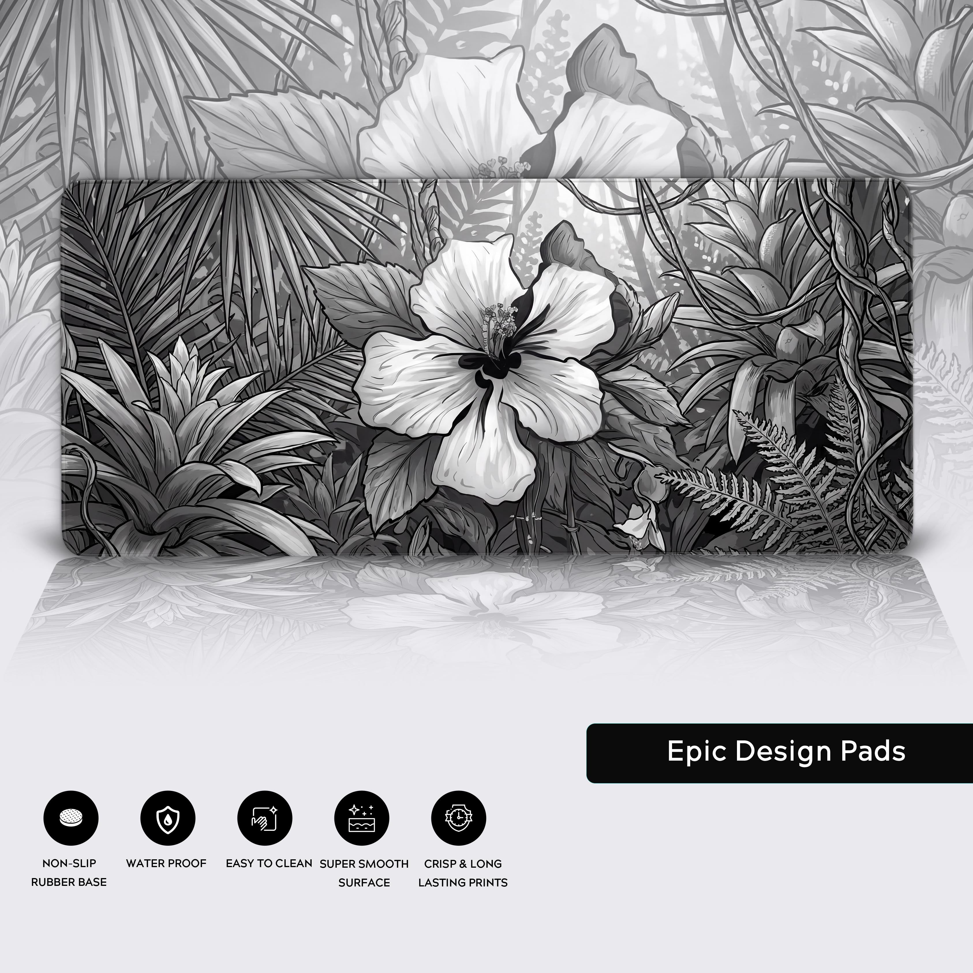 Close-up view of the Jungle Bloom desk mat highlighting the durable stitched edges, smooth water-resistant surface, and the non-slip rubber base. - Epic Design Pads & Mousepads