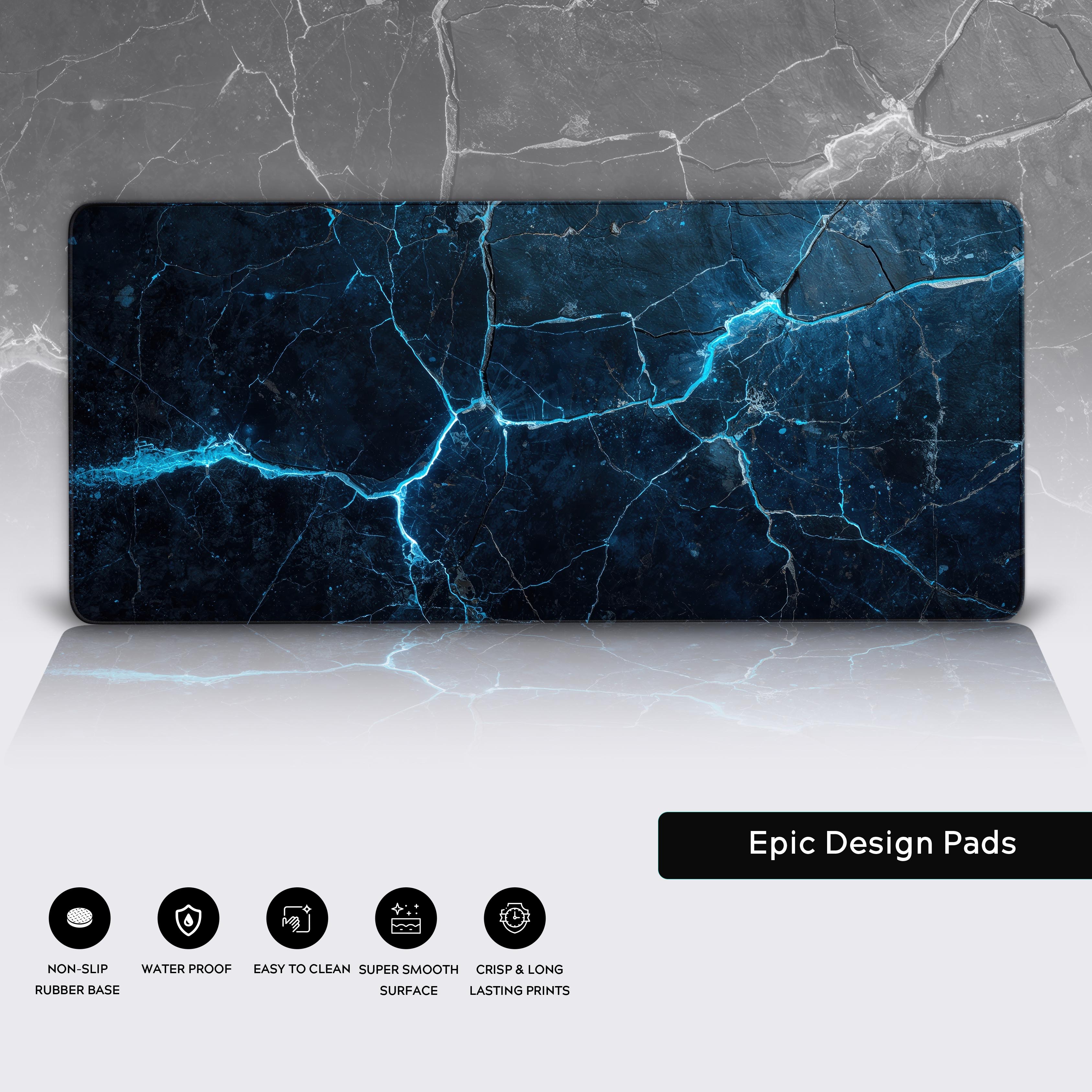 Close-up of the Electric Veins gaming desk mat showing the durable stitched edges, non-slip rubber base, and smooth, water-resistant surface texture. - Epic Design Pads & Mousepads