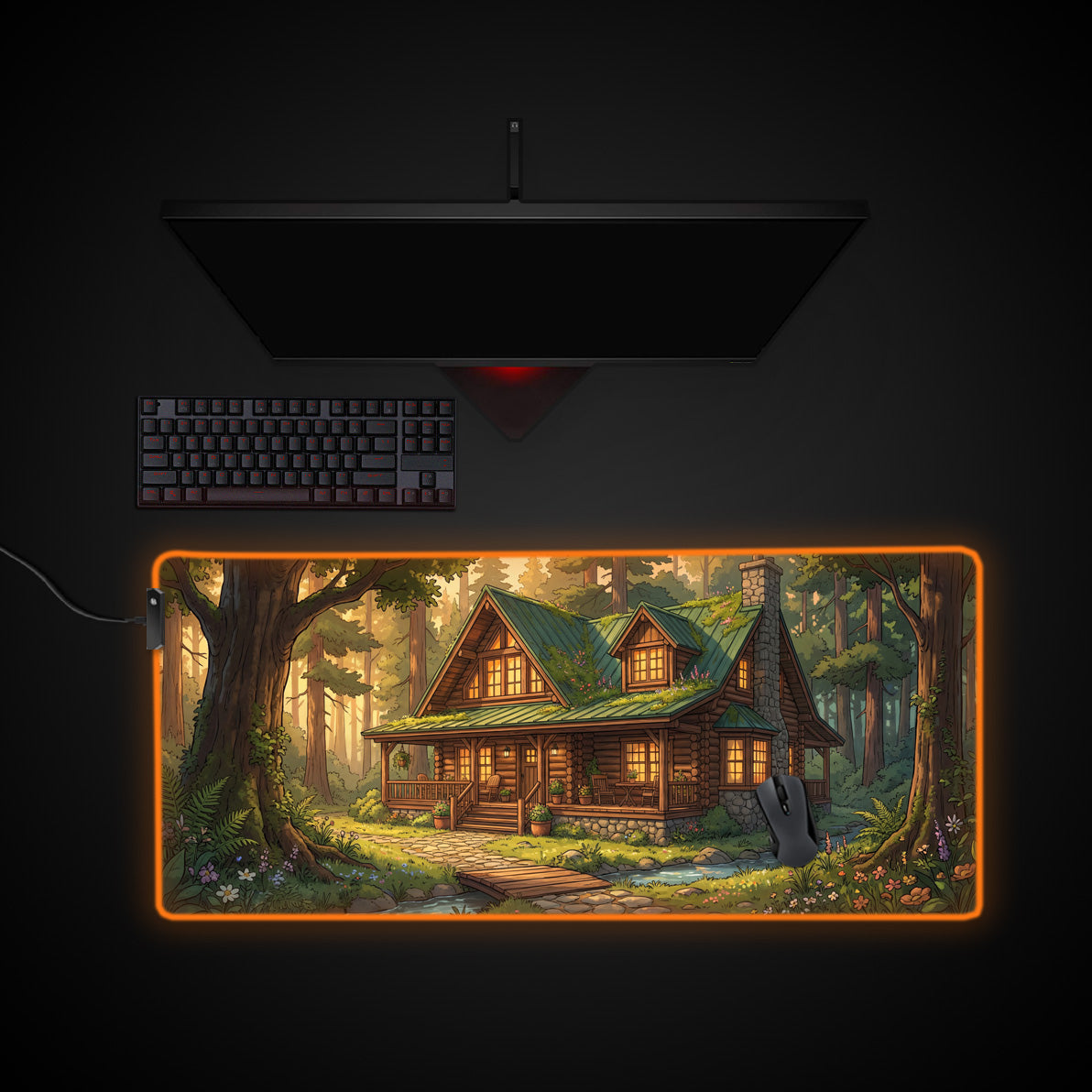 Cozy Cabin desk mat with RGB edge lighting