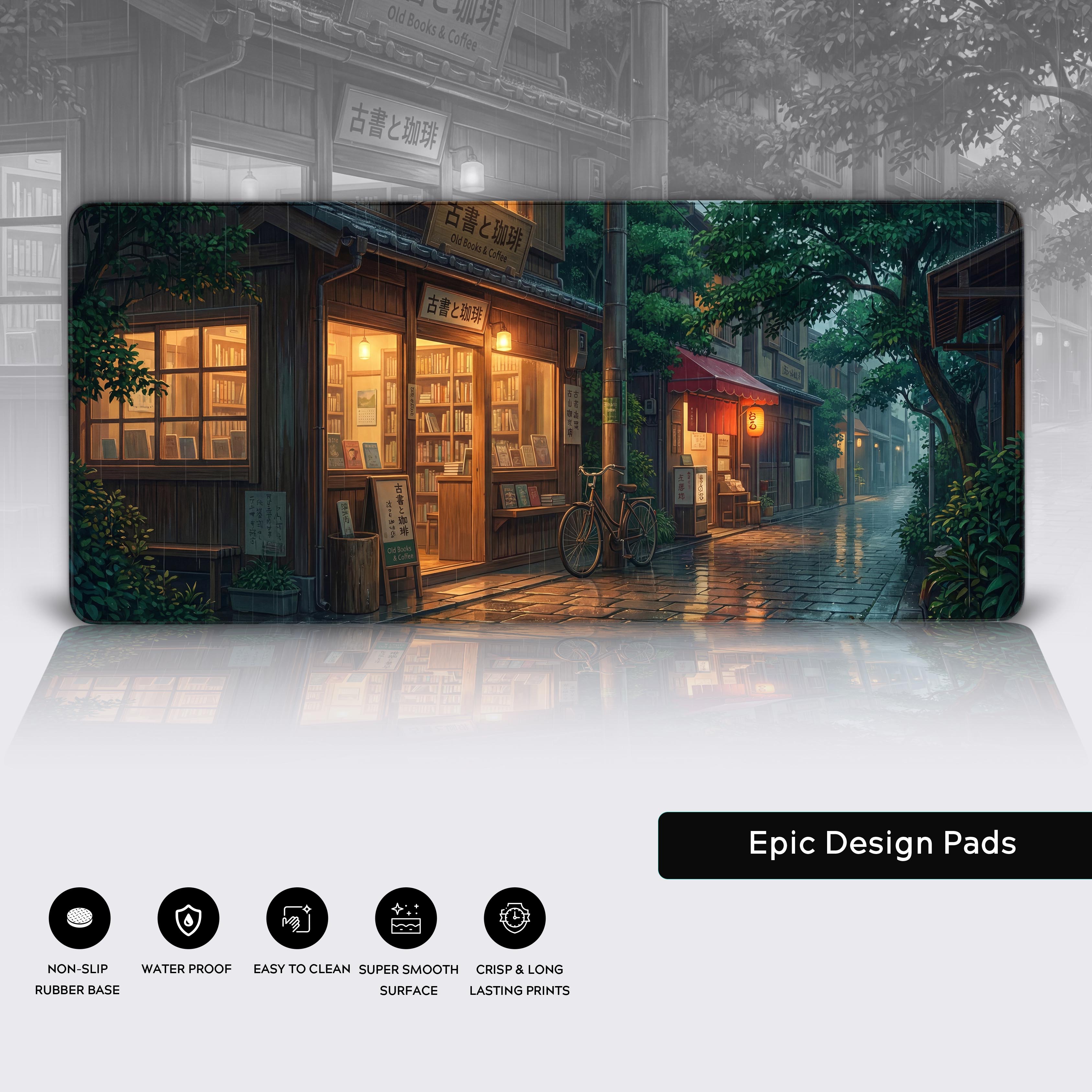 Close-up of the Rainy Bookstore desk mat highlighting the premium stitched edges, smooth water-resistant surface, and non-slip rubber base. - Epic Design Pads & Mousepads