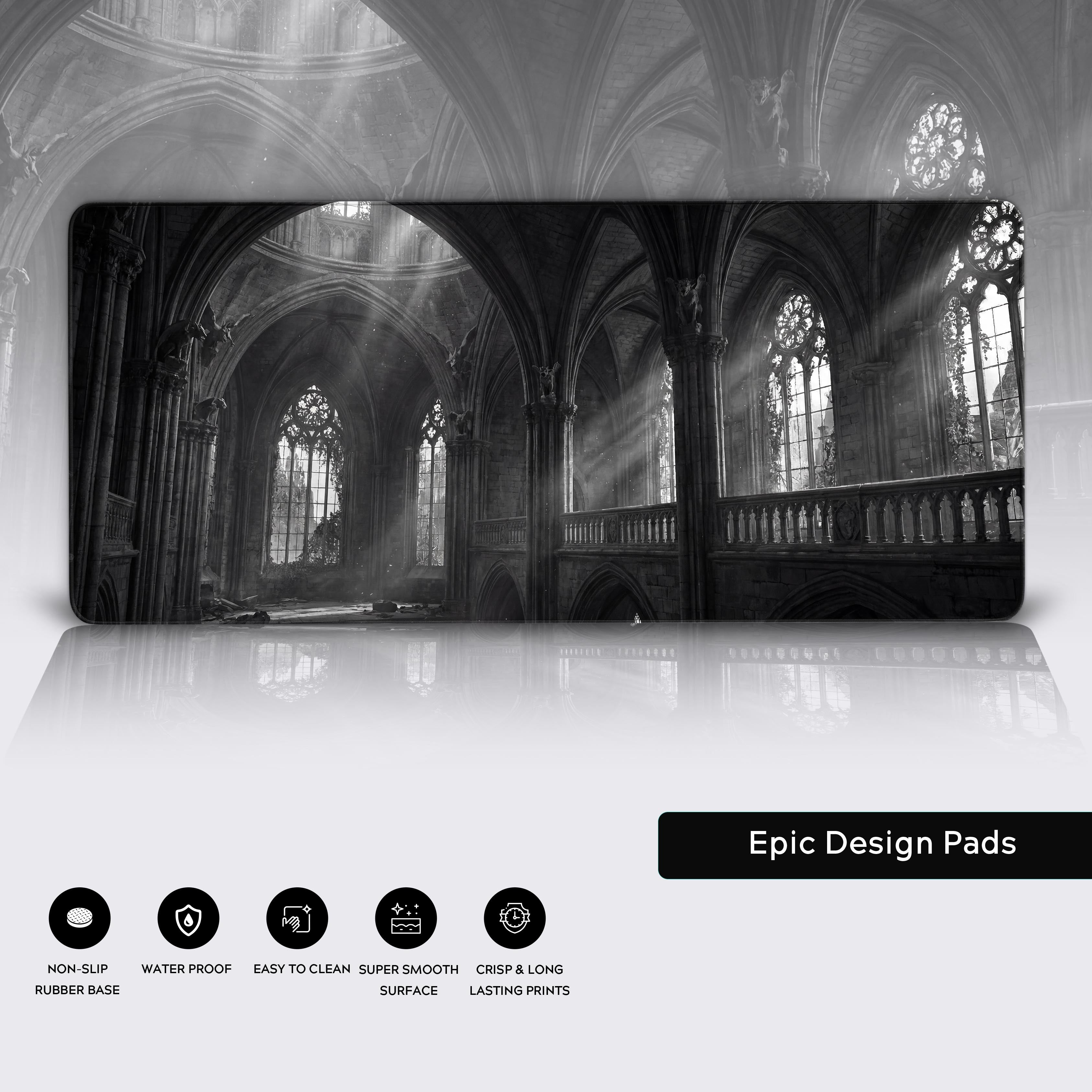Close-up of the Sunlit Ruins gothic desk mat. Highlights the durable stitched edges, water-resistant surface, and non-slip rubber base of the monochrome mouse pad. - Epic Design Pads & Mousepads