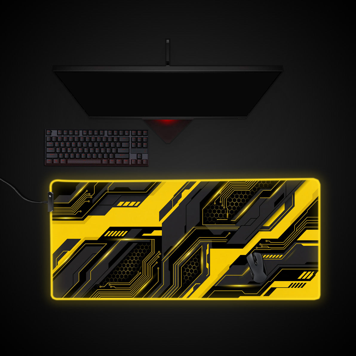 Cyber Circuit - Yellow desk mat with RGB edge lighting