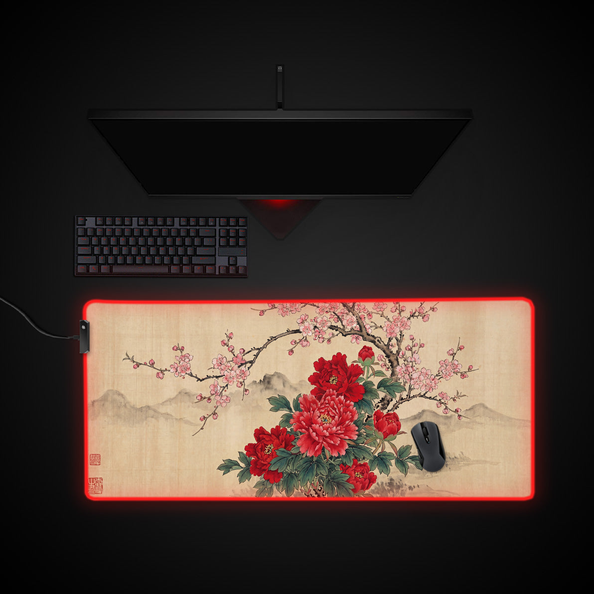 Vintage Peony desk mat with RGB edge lighting