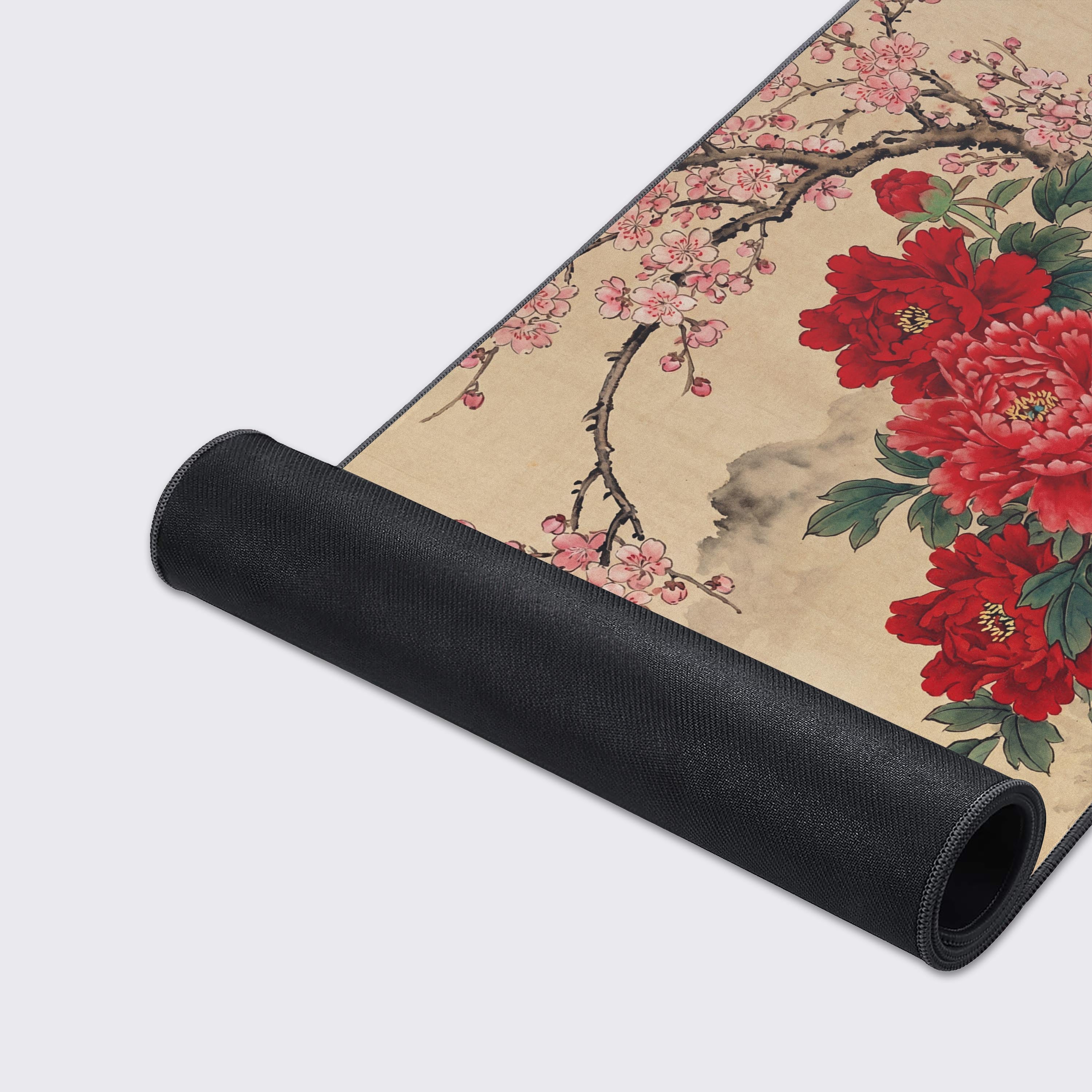 Close-up of the Vintage Peony desk mat, highlighting the detailed art, premium stitched edges, and smooth, water-resistant surface for optimal mouse control. - Epic Design Pads & Mousepads