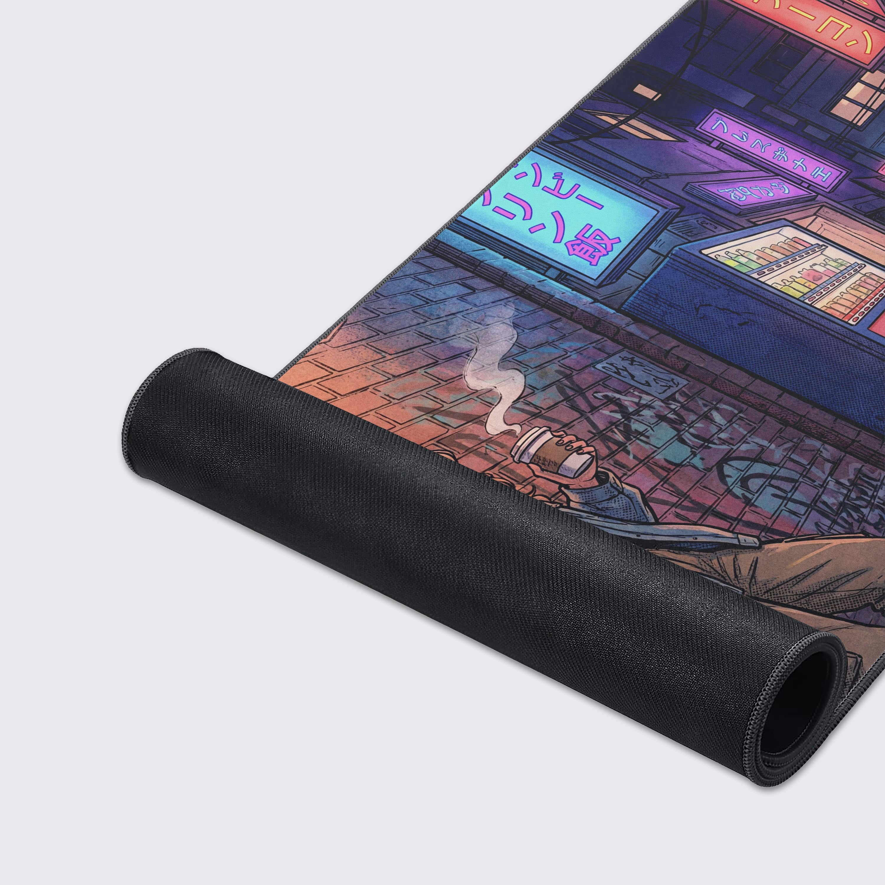 Neon Coffee Break gaming desk mat showcasing its durable stitched edges, smooth water-resistant surface, and non-slip rubber base. - Epic Design Pads & Mousepads