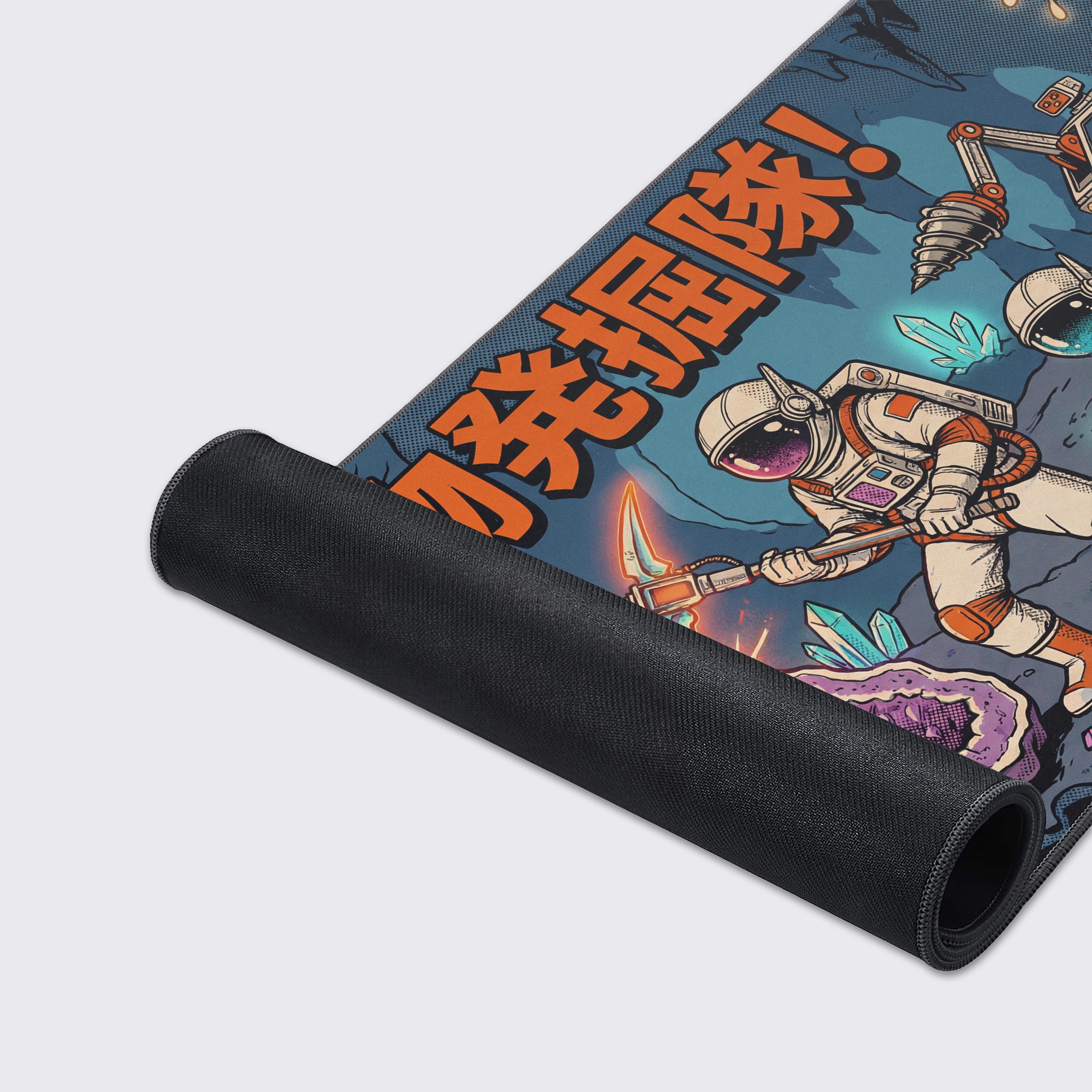Close-up of the Retro Frontier desk mat, showcasing the durable stitched edges, smooth water-resistant surface, and a non-slip rubber base for stability. - Epic Design Pads & Mousepads