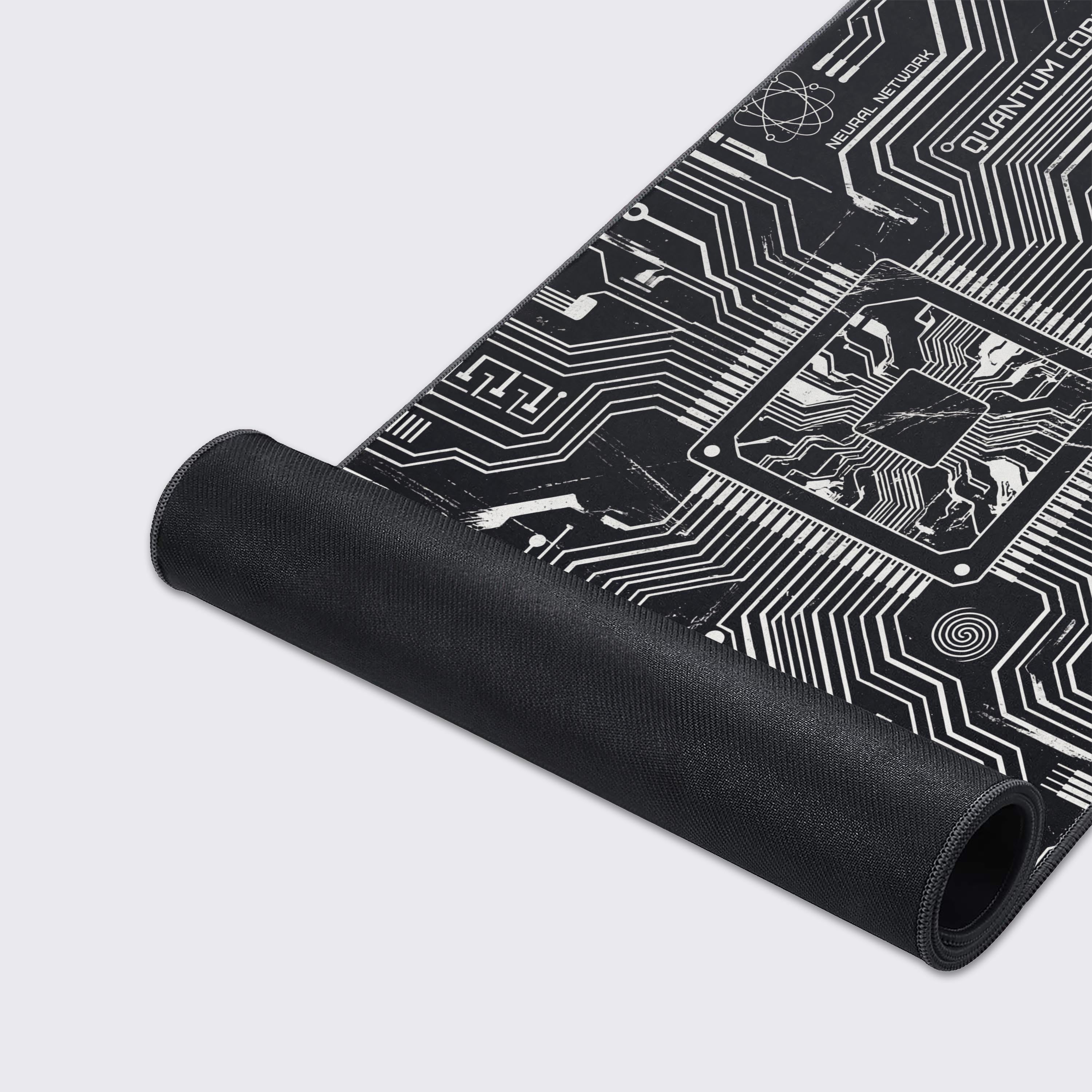 Close-up of the Quantum Core extended mouse pad highlighting the high-quality stitched edges, water-resistant surface, and non-slip rubber base. - Epic Design Pads & Mousepads
