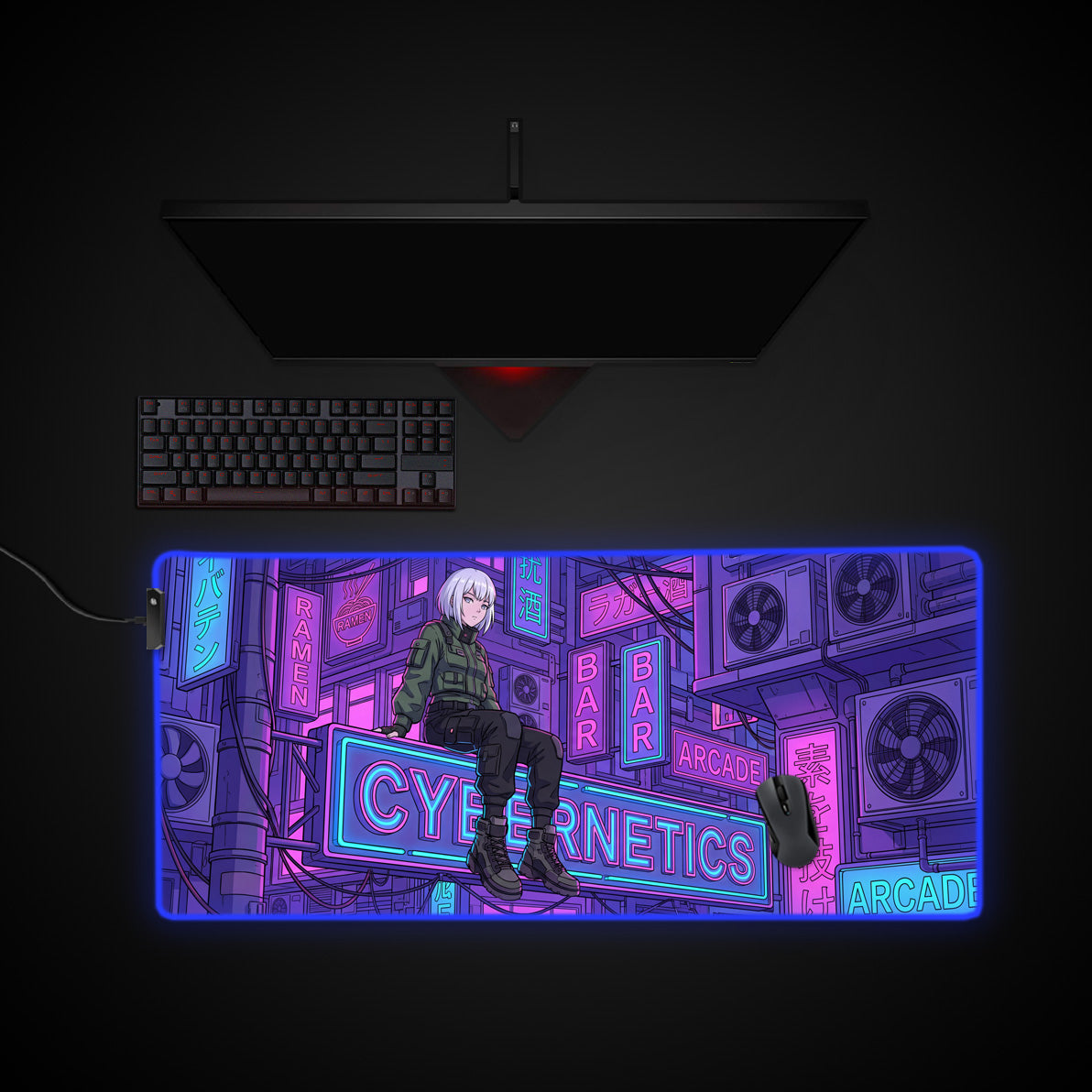 Night City desk mat with RGB edge lighting