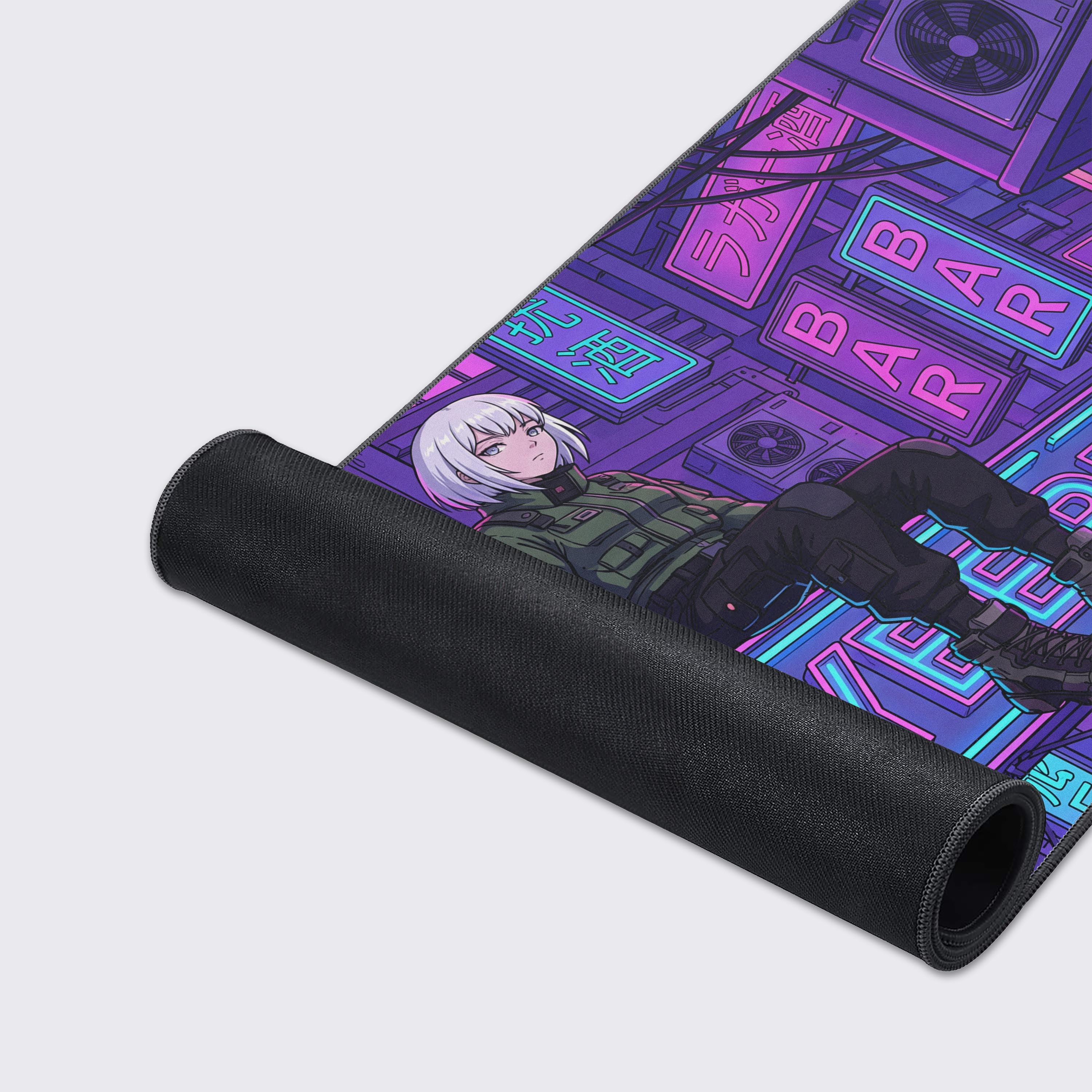 Close-up of the Night City desk mat showcasing the high-quality stitched edges, water-resistant surface, and non-slip rubber base. - Epic Design Pads & Mousepads