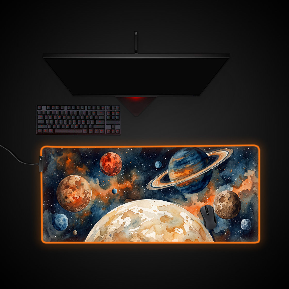 Painted Cosmos desk mat with RGB edge lighting