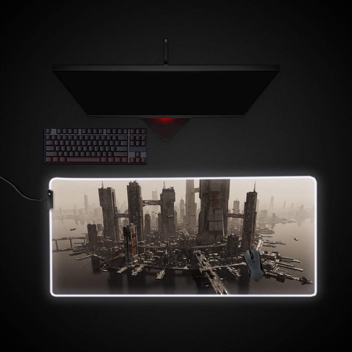 Rust Metropolis desk mat with RGB edge lighting