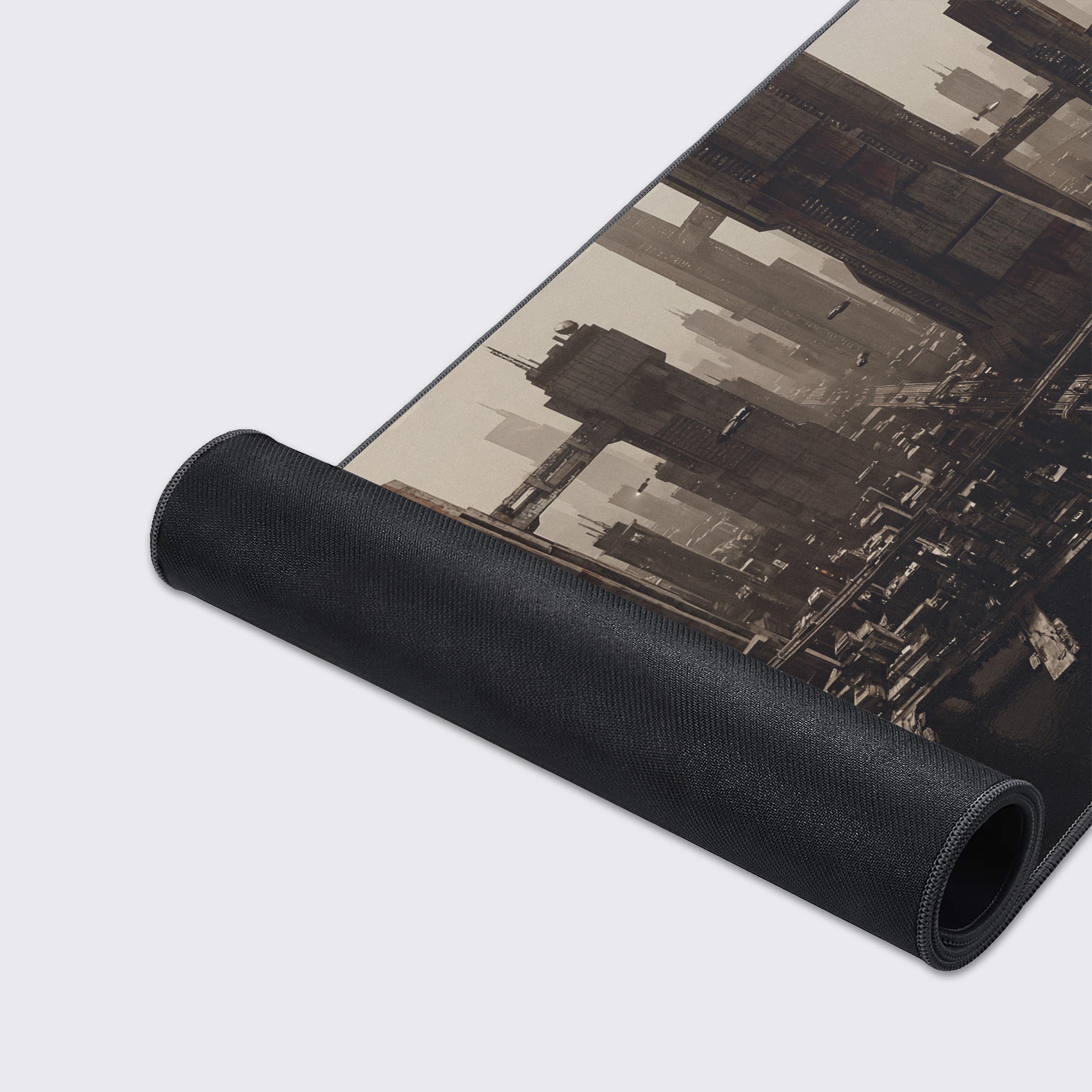 Close-up of the Rust Metropolis desk mat highlighting its premium stitched edges, water-resistant surface, and non-slip rubber base for enhanced durability. - Epic Design Pads & Mousepads