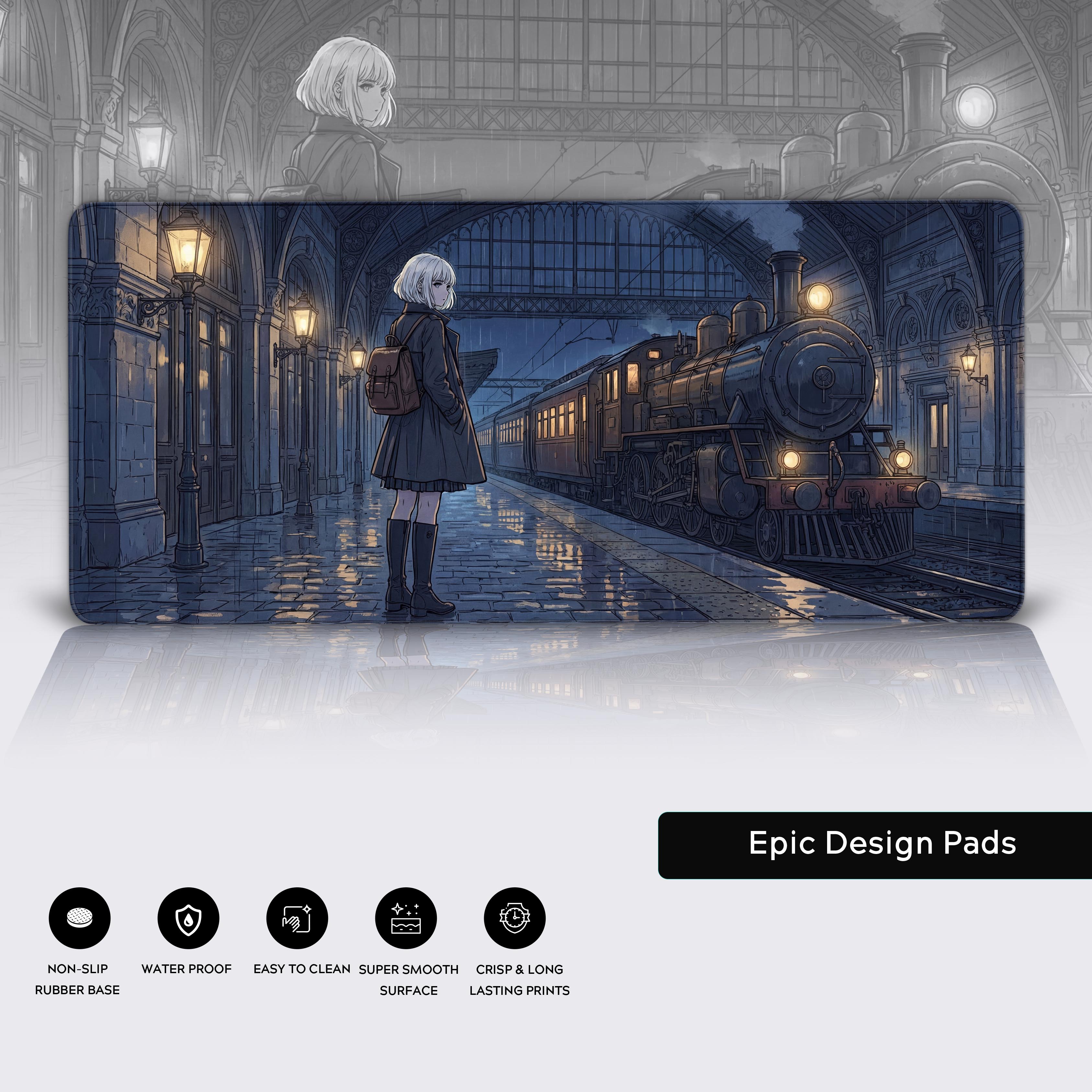 Close-up of the Last Train desk mat highlighting the high-quality stitched edges, smooth water-resistant surface, and non-slip rubber base. - Epic Design Pads & Mousepads