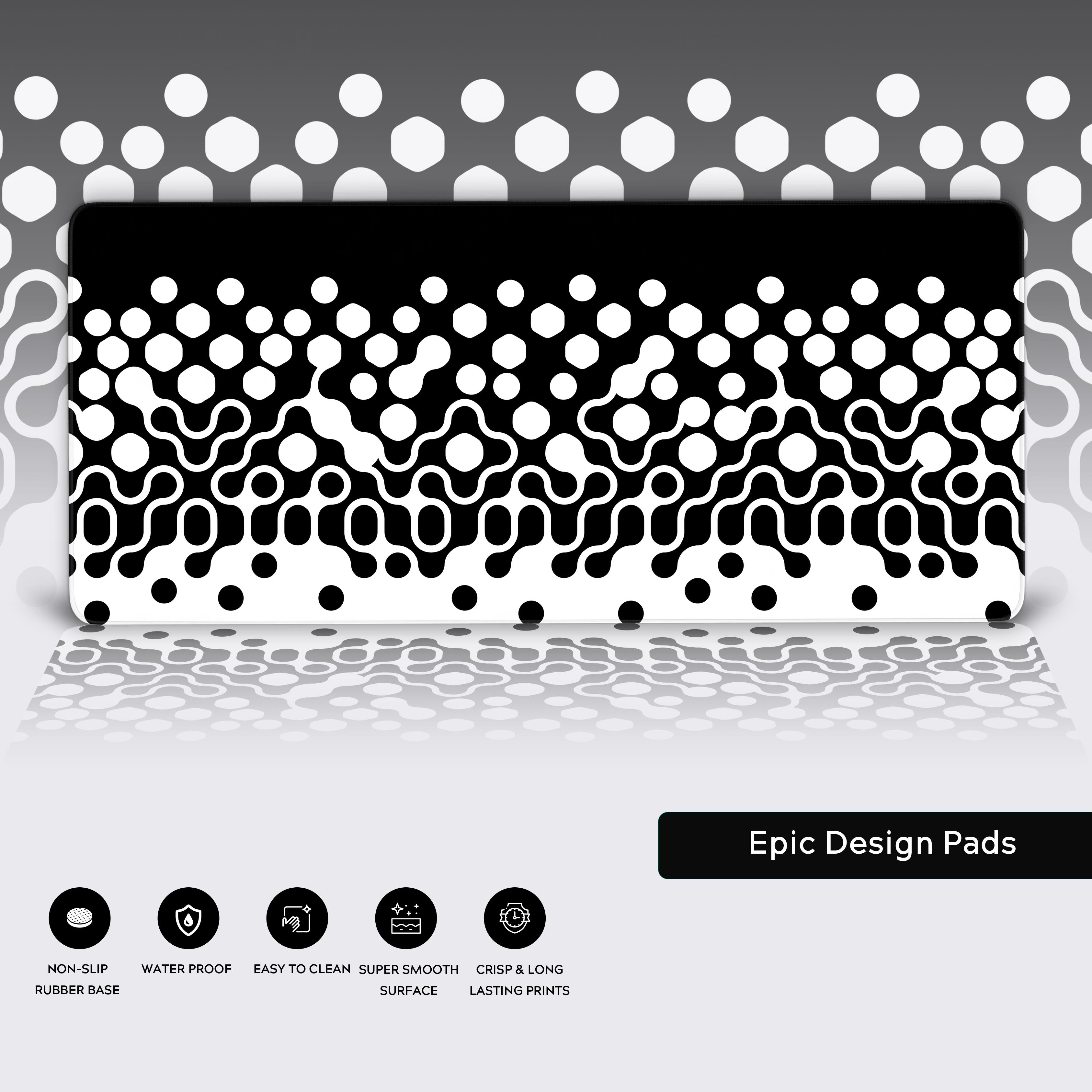 A close-up of the Phase Shift desk mat, highlighting its premium stitched edges, smooth glide surface, and non-slip rubber base. - Epic Design Pads & Mousepads