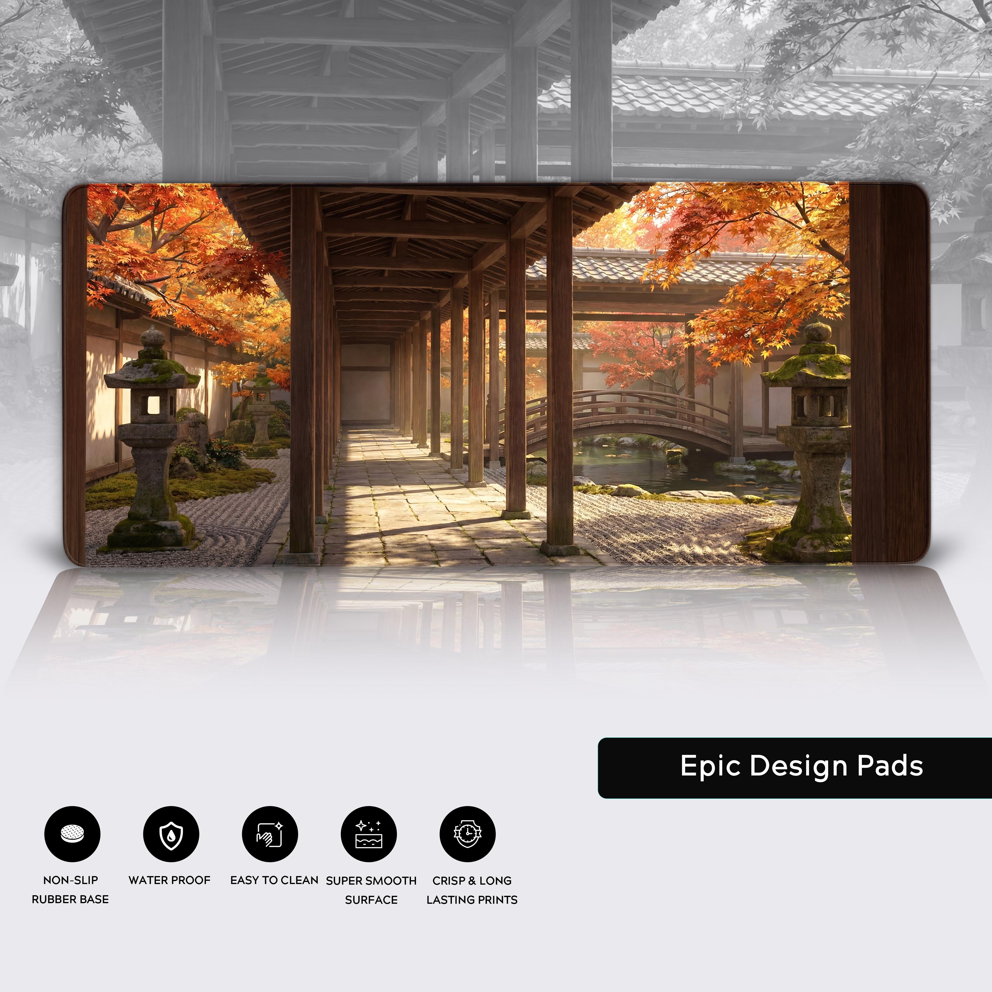 Close-up of the Eternal Corridor Japanese desk mat, highlighting the high-quality stitched edges, smooth glide surface, and non-slip rubber base. - Epic Design Pads & Mousepads