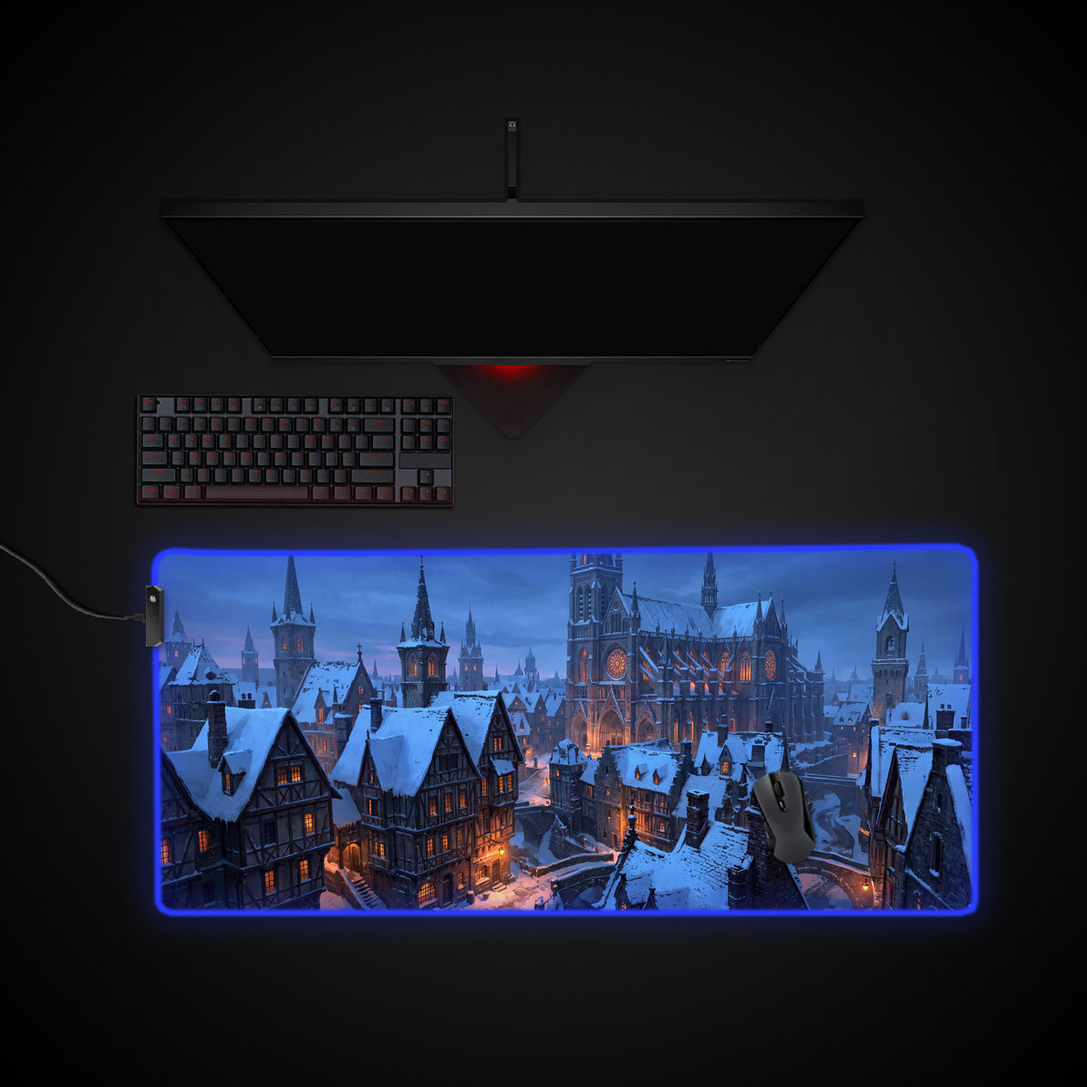 Winter Village desk mat with RGB edge lighting