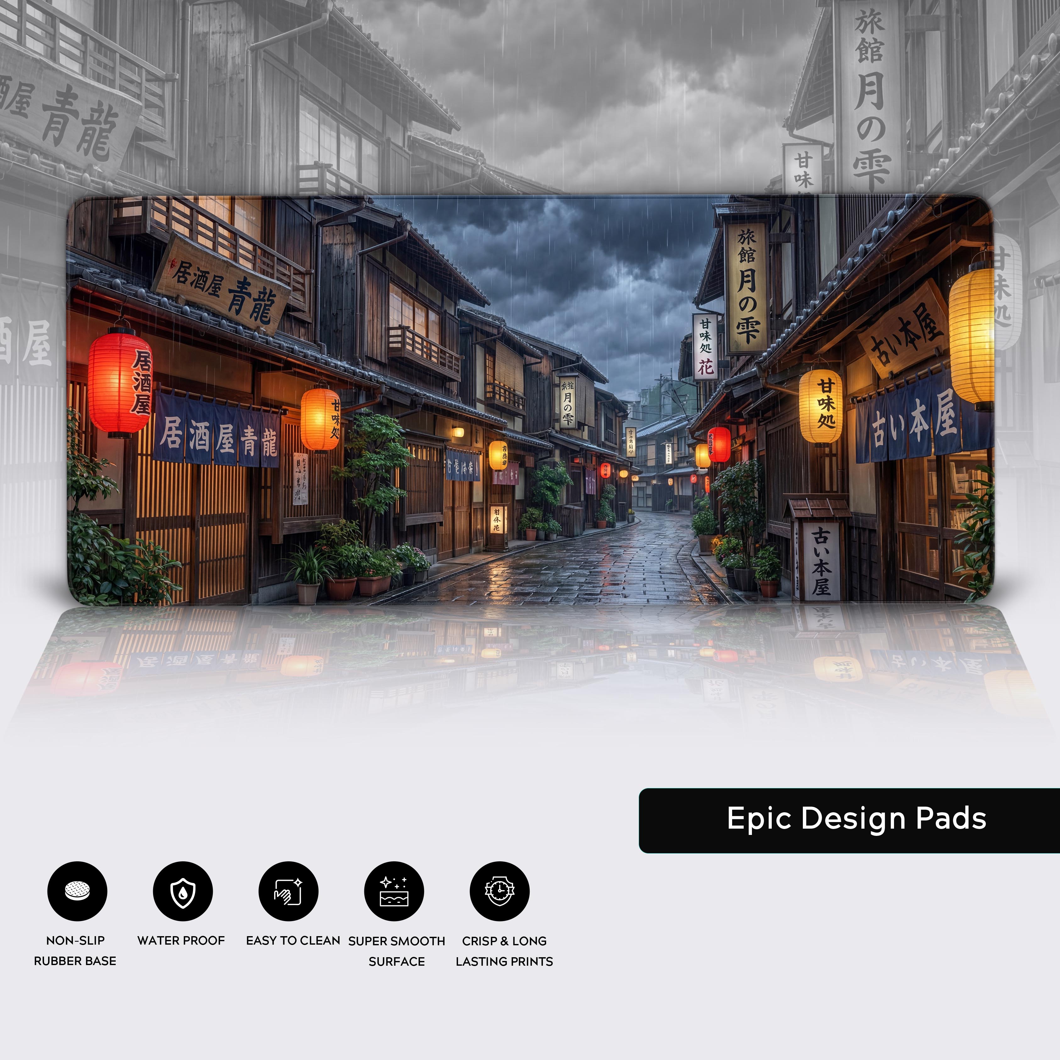Close-up of the 'Midnight Yokocho' Japanese desk mat. Highlights the smooth water-resistant surface, stitched edges, and non-slip rubber base of the mouse pad. - Epic Design Pads & Mousepads