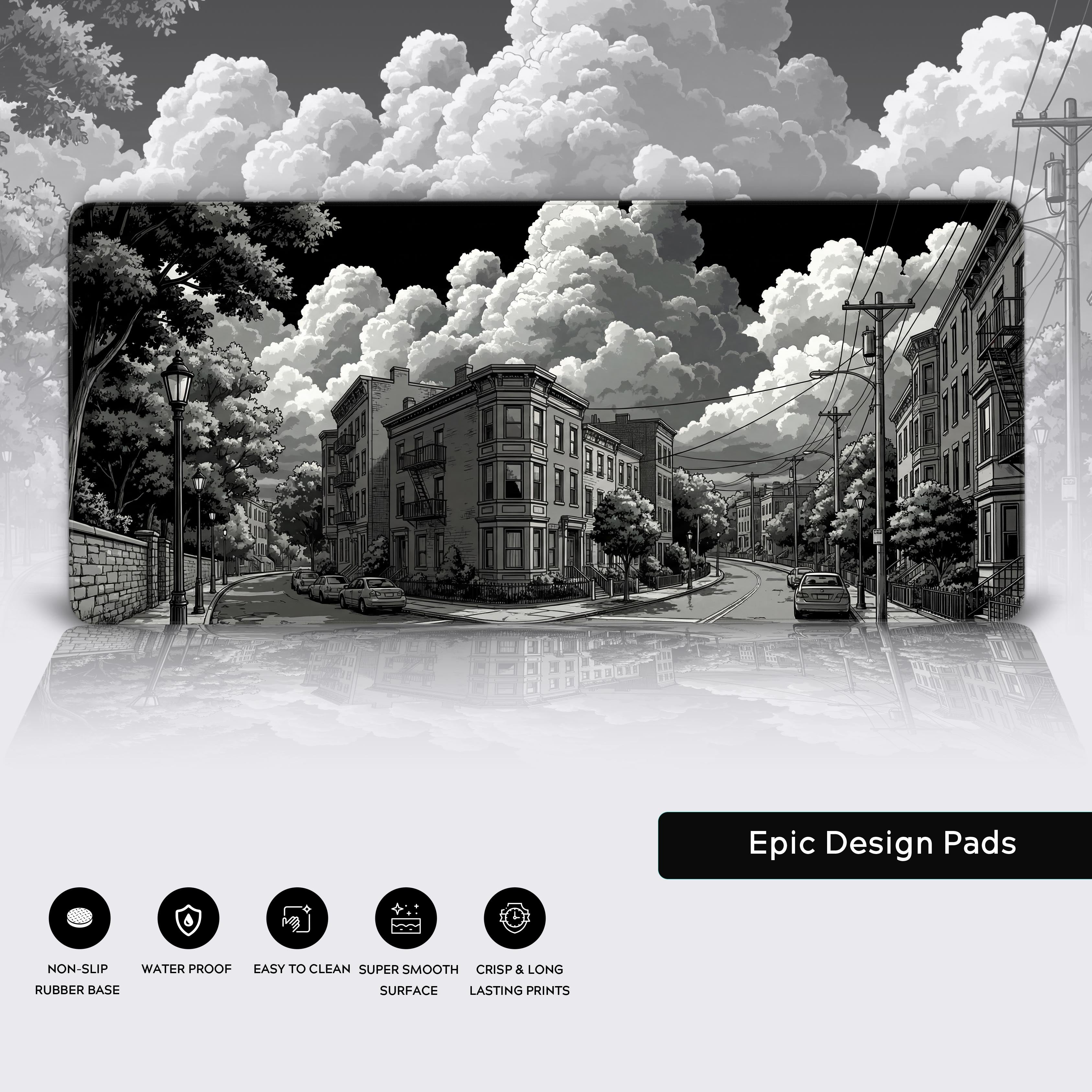 Close-up of the Silent Corner manga desk mat showcasing its durable stitched edges and non-slip rubber base for stability. - Epic Design Pads & Mousepads