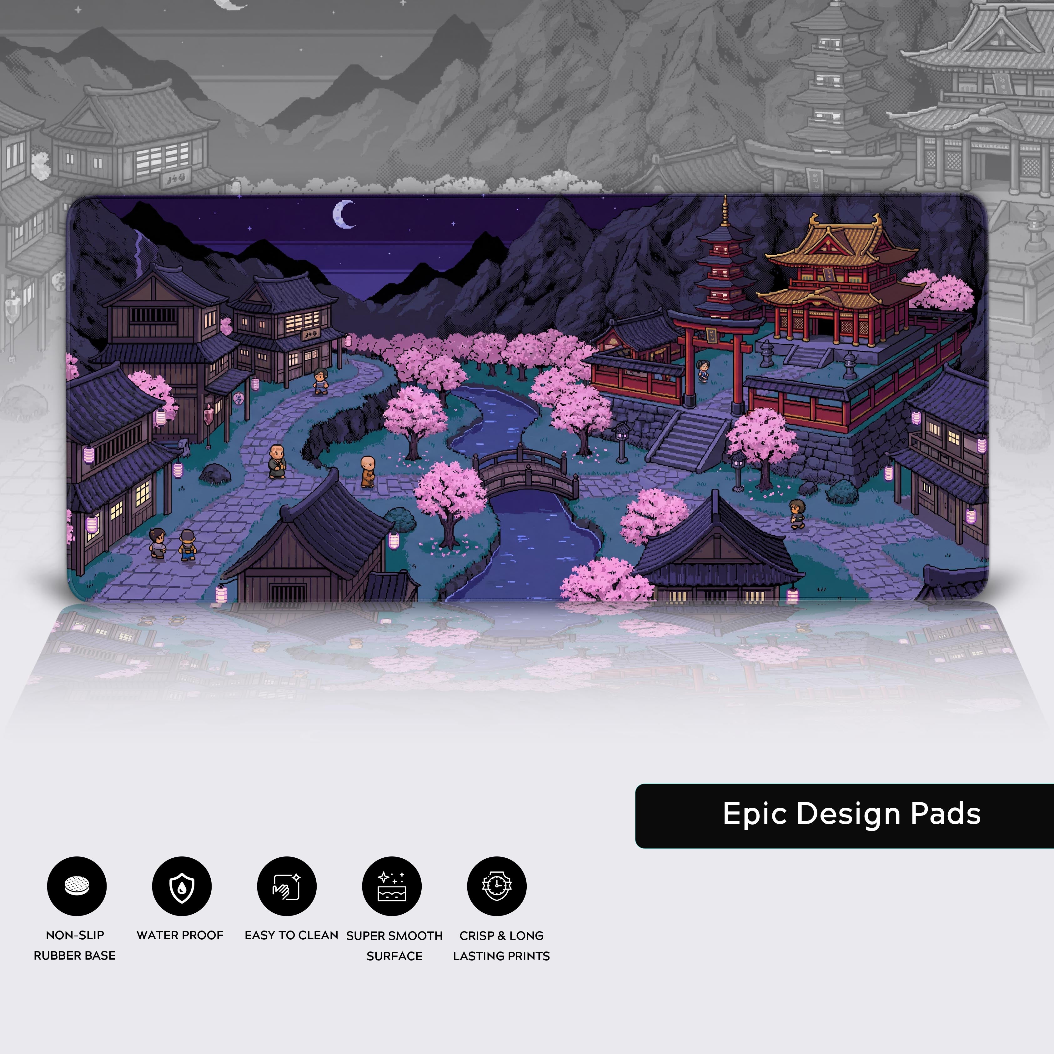Pixel Pilgrimage pixel art desk mat – large gaming mouse pad with durable stitched edges and a non-slip rubber base. - Epic Design Pads & Mousepads