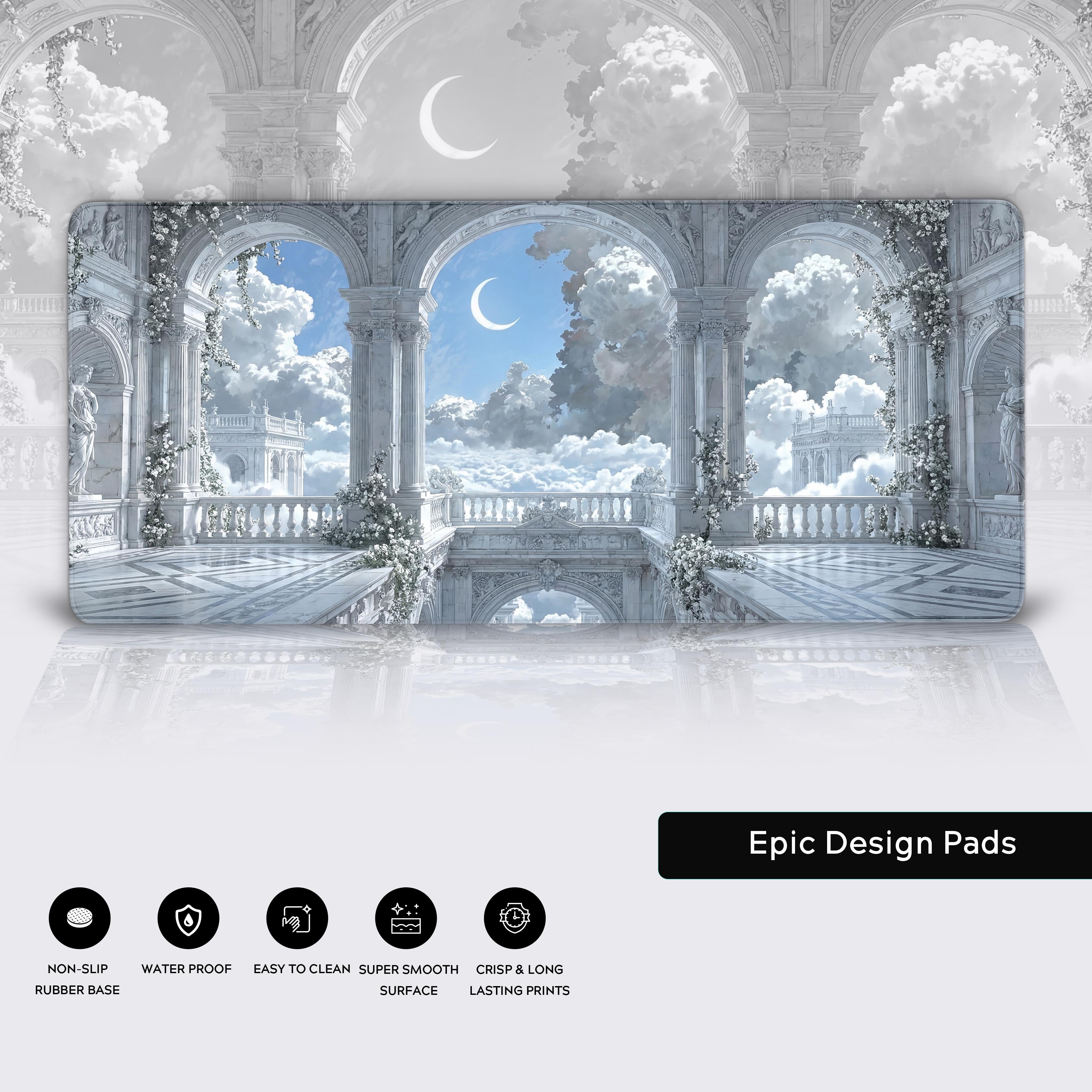 Close-up of the Ethereal Sanctum gaming desk mat, highlighting the high-quality stitched edges, smooth fabric surface, and non-slip rubber base. - Epic Design Pads & Mousepads