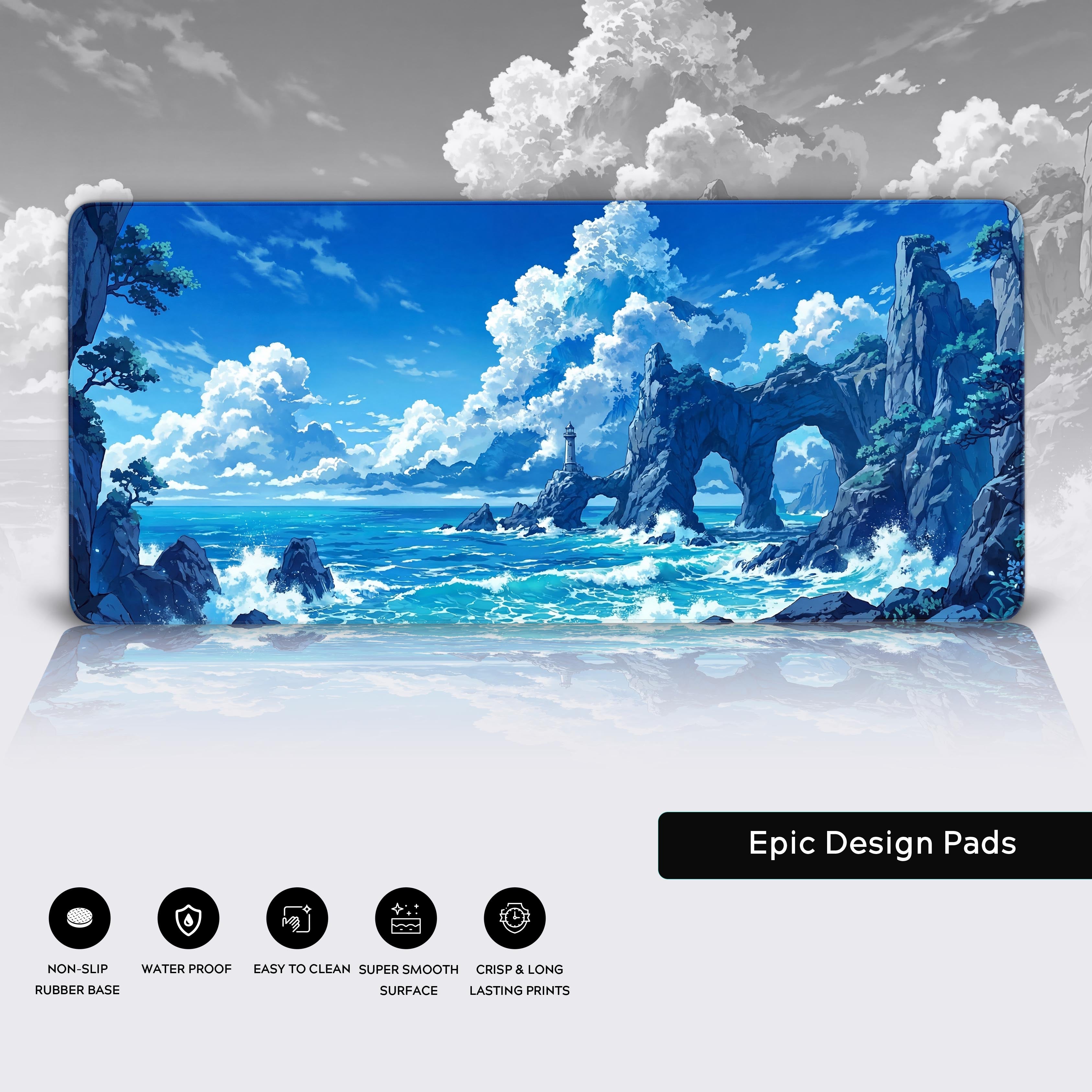 Close-up of the Cloud Horizon anime desk mat, highlighting its durable stitched edges, smooth water-resistant surface, and secure non-slip rubber base for peak performance. - Epic Design Pads & Mousepads