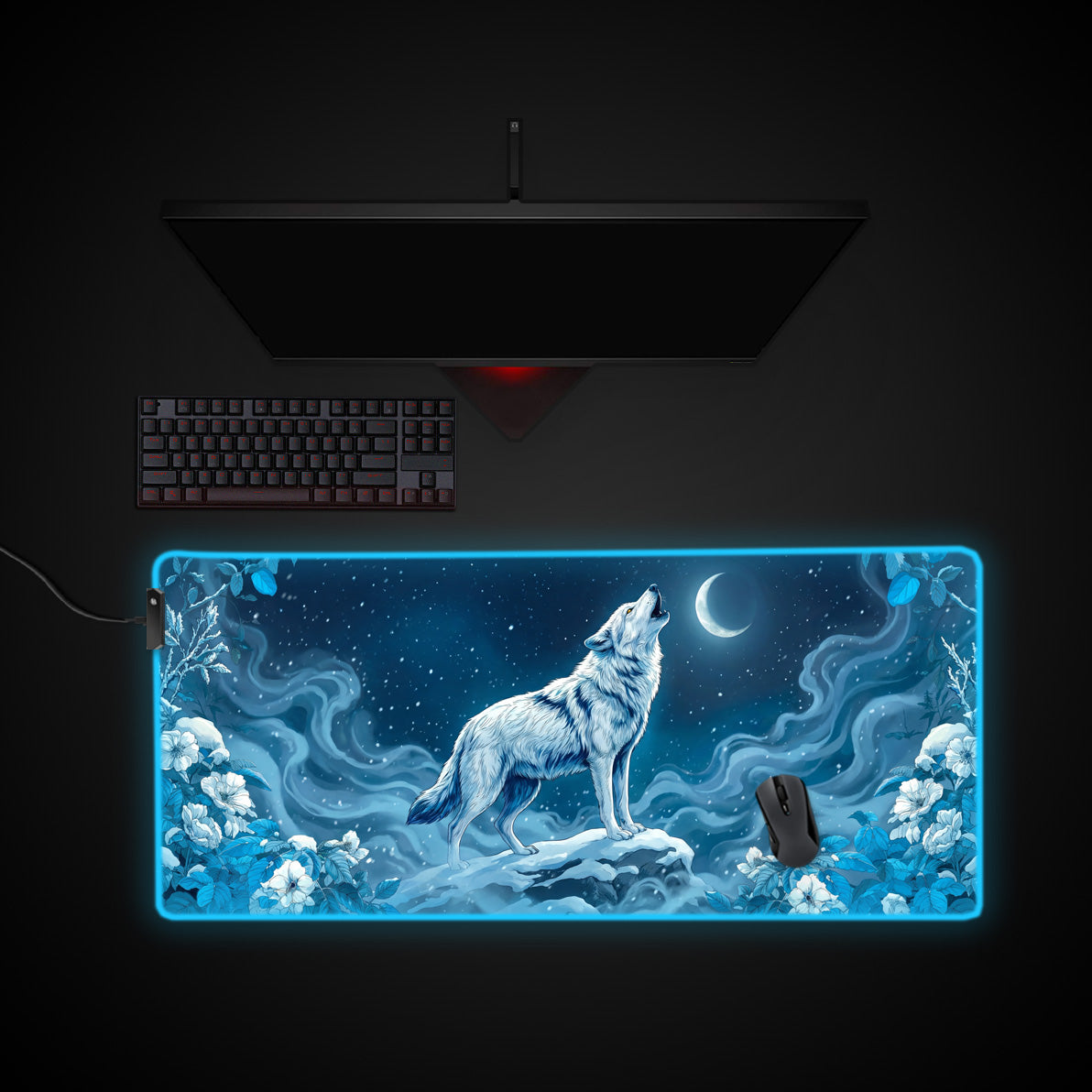 Winter's Howl desk mat with RGB edge lighting