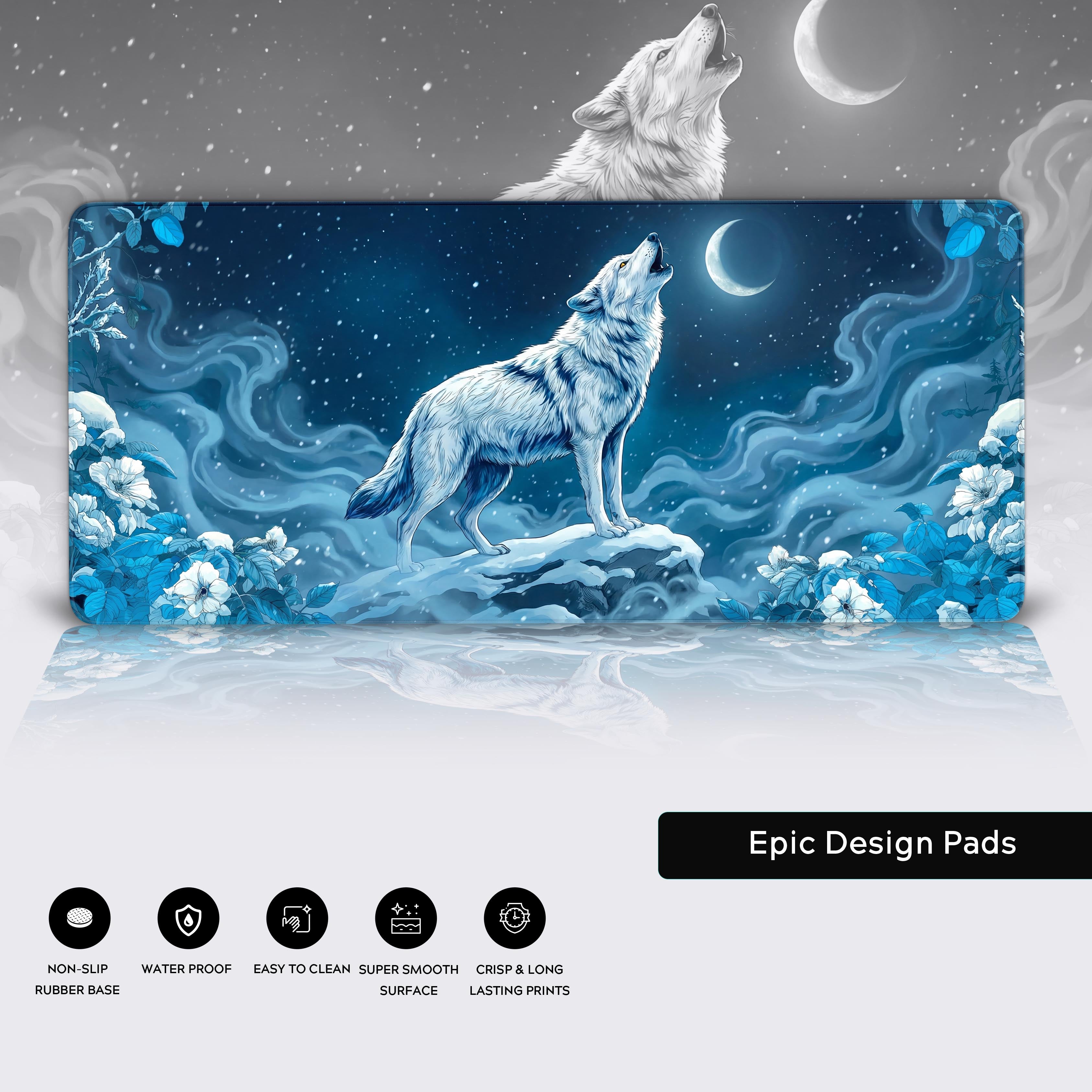 Close-up of the Winter's Howl wolf desk mat, highlighting the detailed art, durable stitched edges, and non-slip rubber base. - Epic Design Pads & Mousepads
