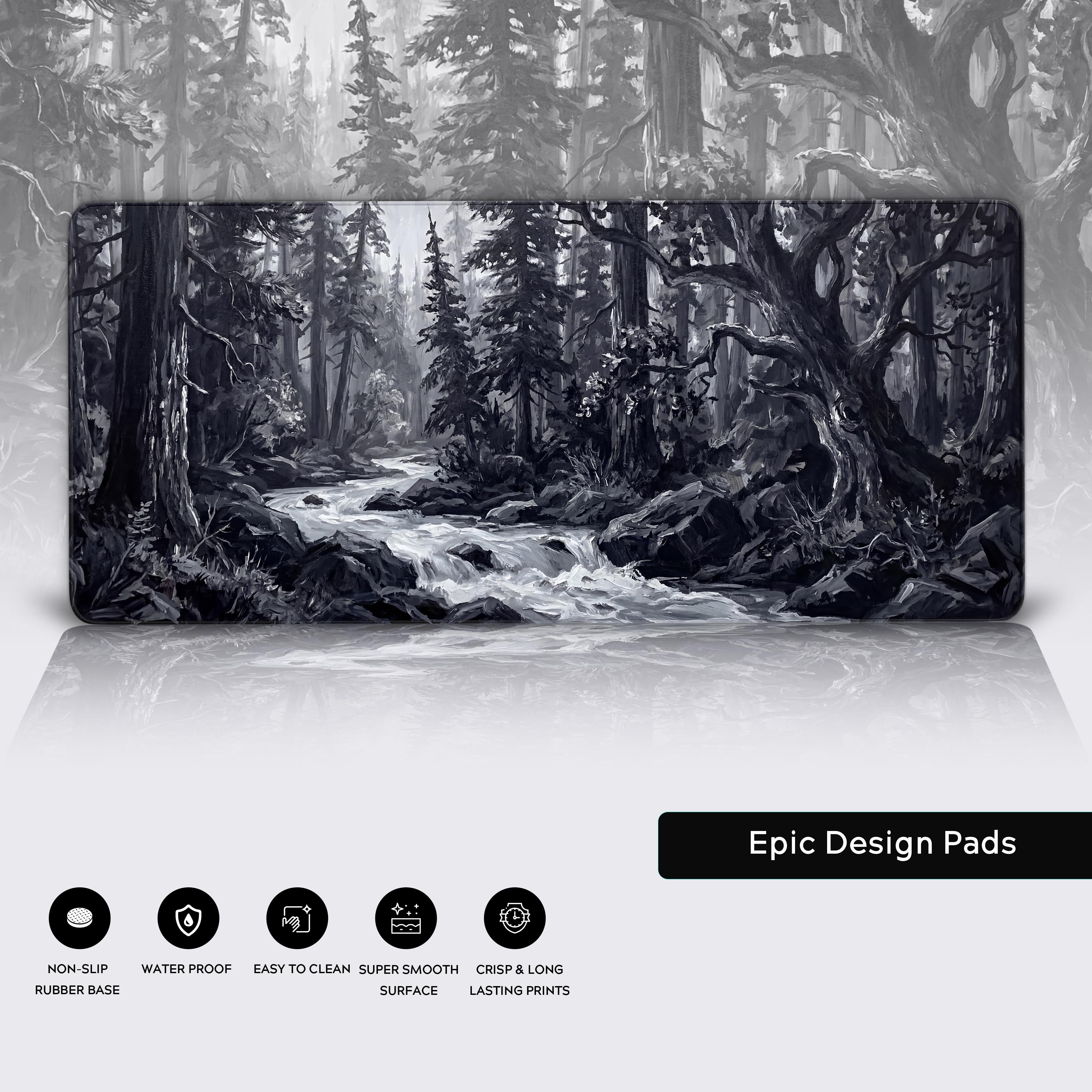 Close-up of the Silent Stream monochrome desk mat showing the detailed art, durable stitched edges, and non-slip rubber base. - Epic Design Pads & Mousepads