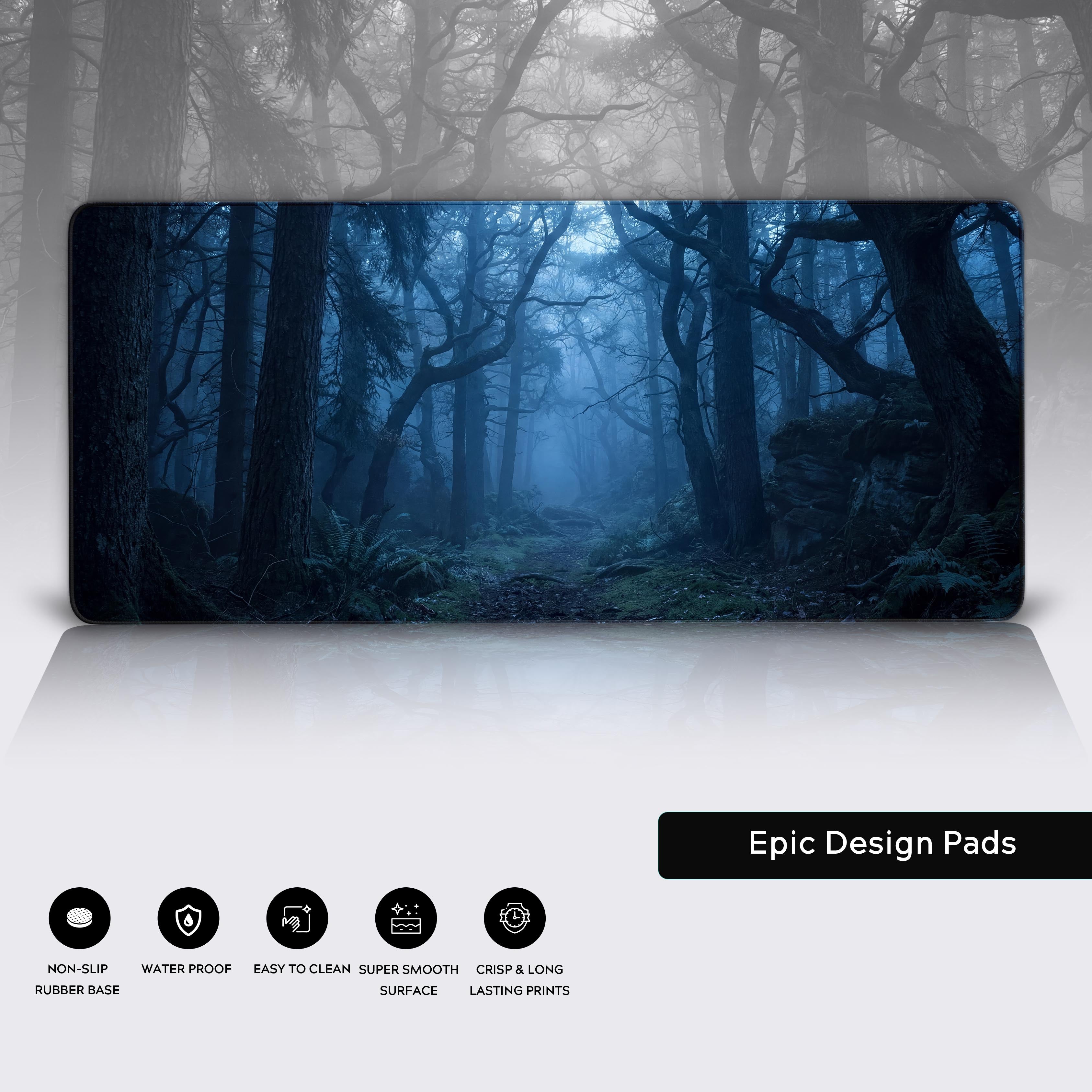 Twilight Woods gaming desk mat showcasing its high-quality stitched edges, water-resistant surface, and non-slip rubber base. - Epic Design Pads & Mousepads