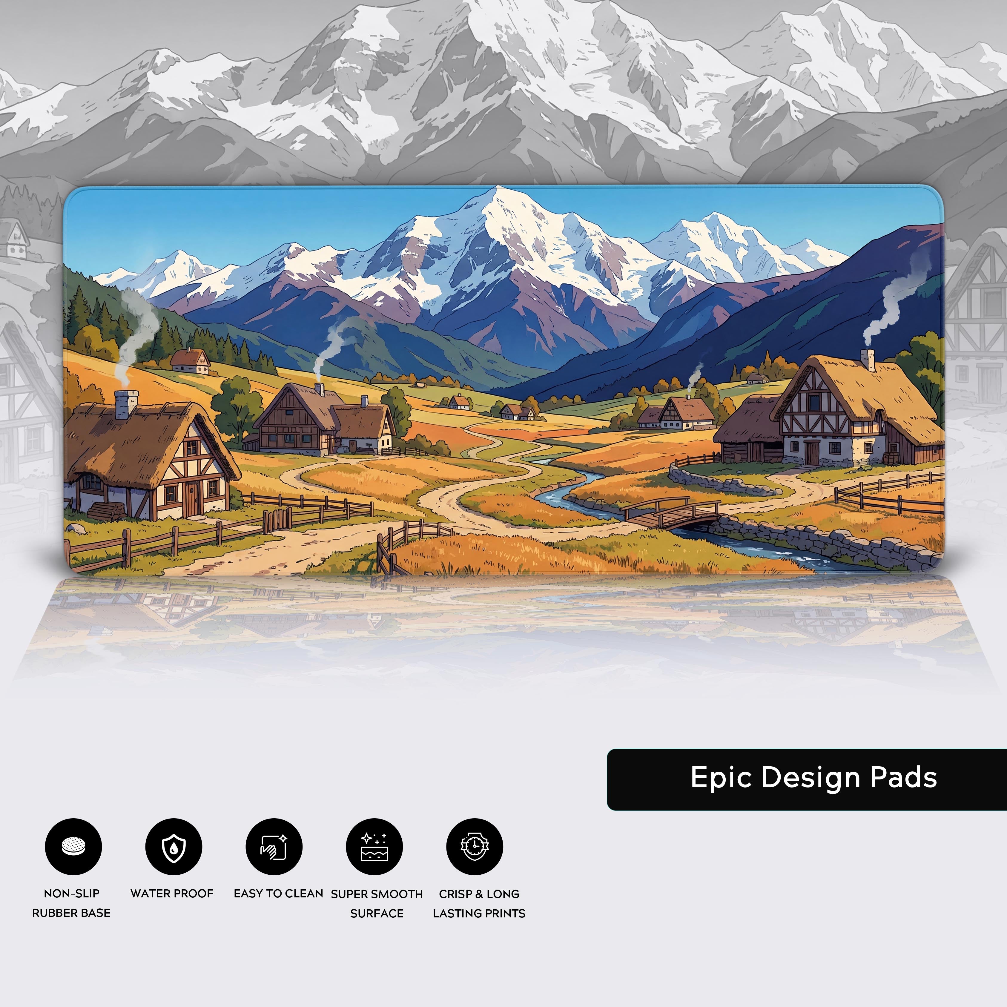 Close-up of the Highland Morning aesthetic desk mat showcasing the detailed art, stitched edges, and smooth, non-slip surface. - Epic Design Pads & Mousepads