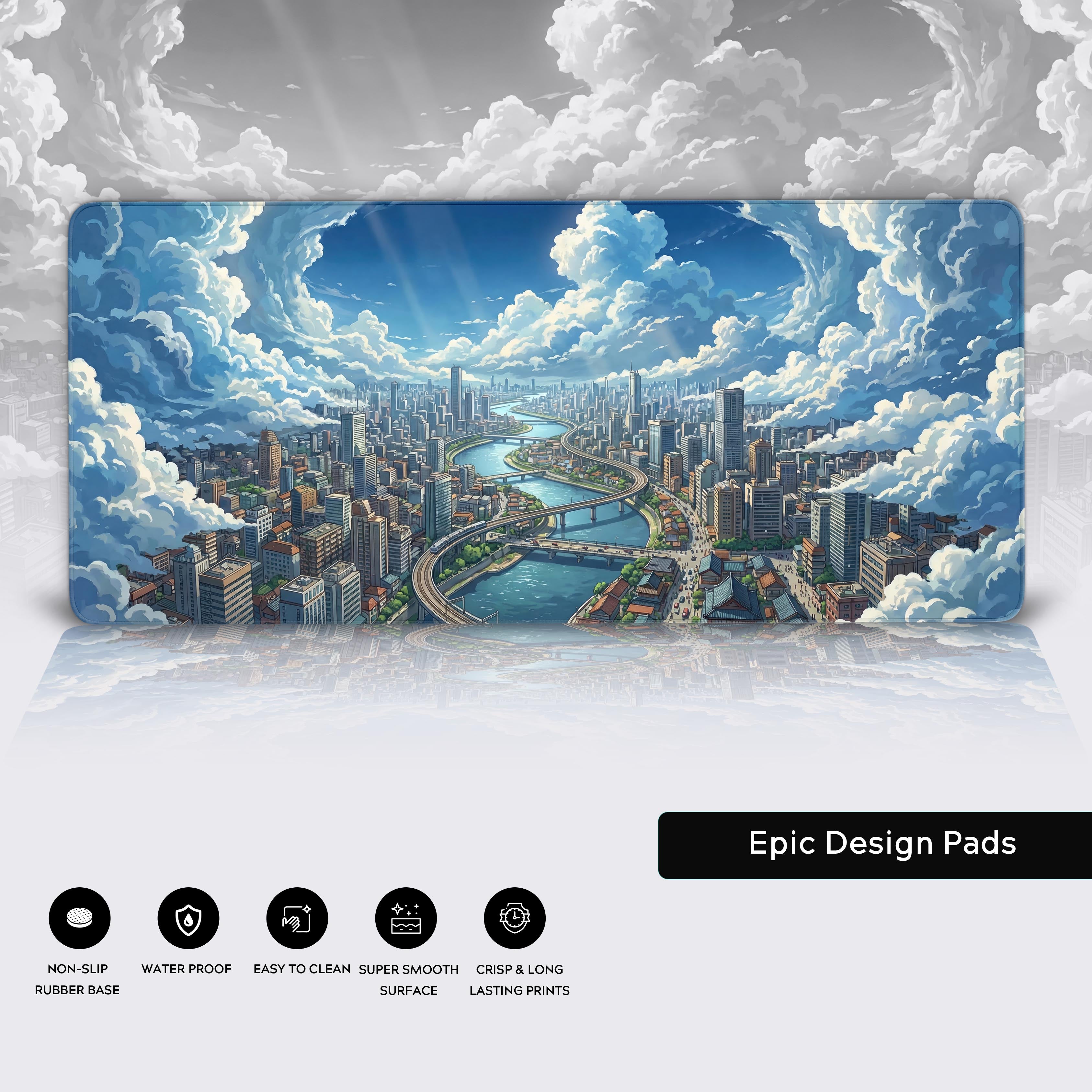 A close-up of the Skybound City mouse pad showcasing the smooth, detailed texture and anti-fray stitched edges of the anime city artwork. - Epic Design Pads & Mousepads