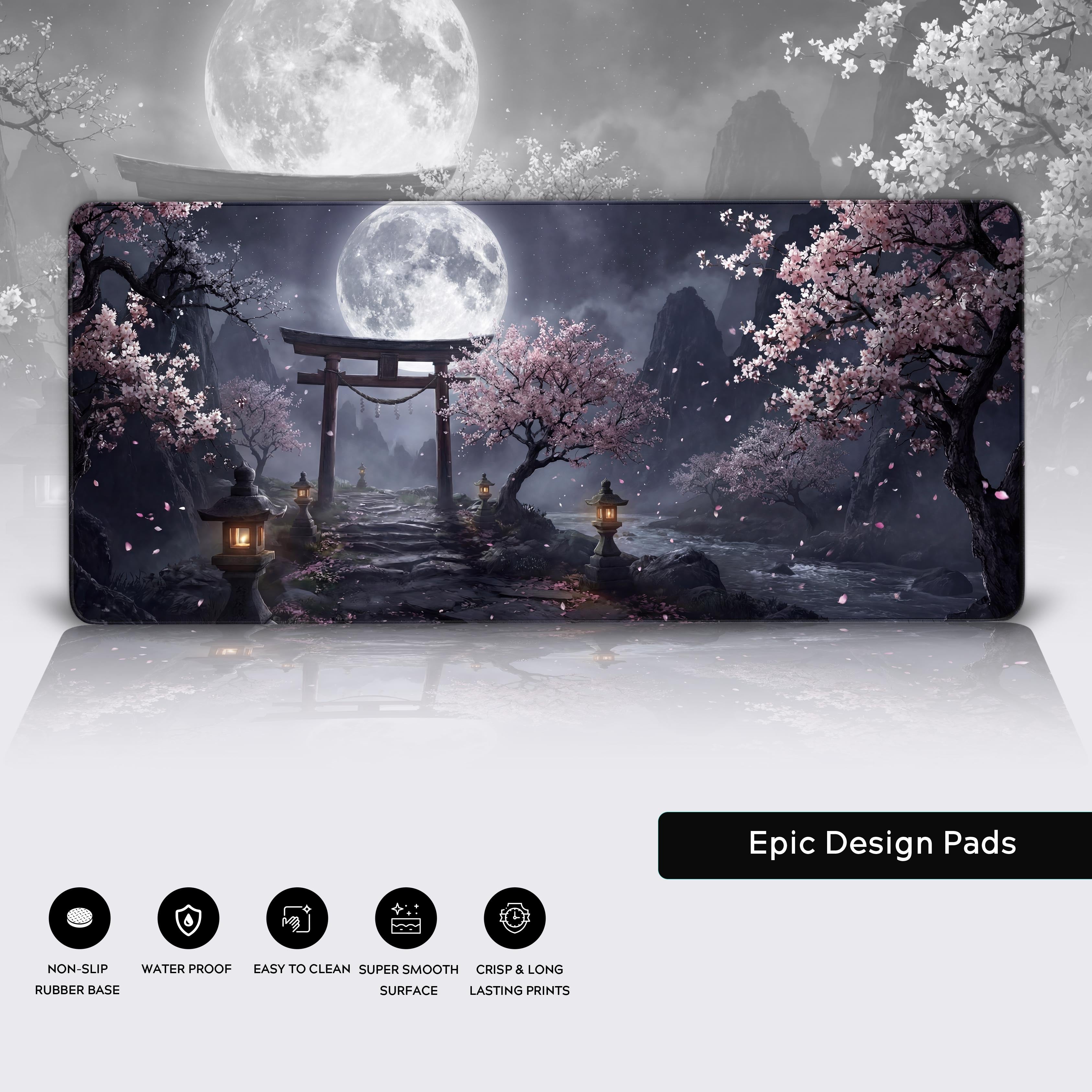 Close-up of the Torii Silence mouse pad's smooth fabric texture and durable stitched edges, showcasing the detailed cherry blossom and stone lantern artwork. - Epic Design Pads & Mousepads