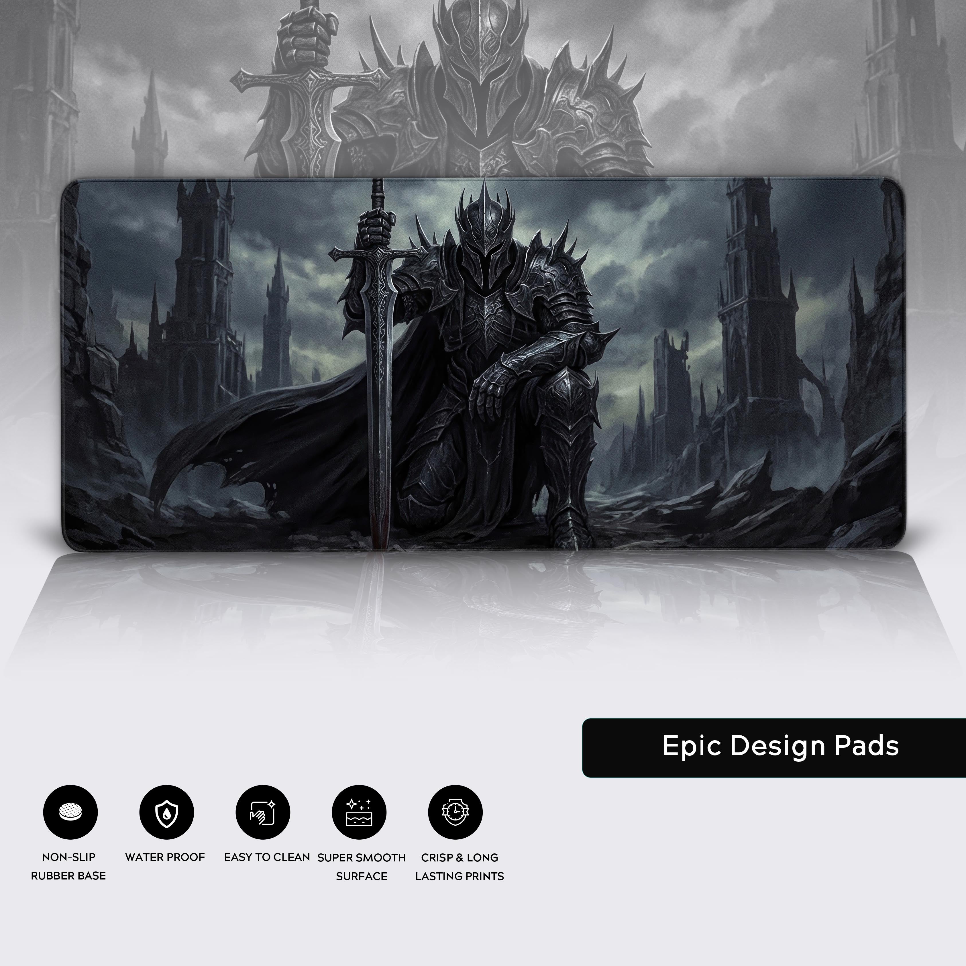 A close-up of the Iron Oath gaming desk mat showcasing its high-quality fabric texture and durable stitched edges. The detailed artwork of the armored knight is clearly visible. - Epic Design Pads & Mousepads